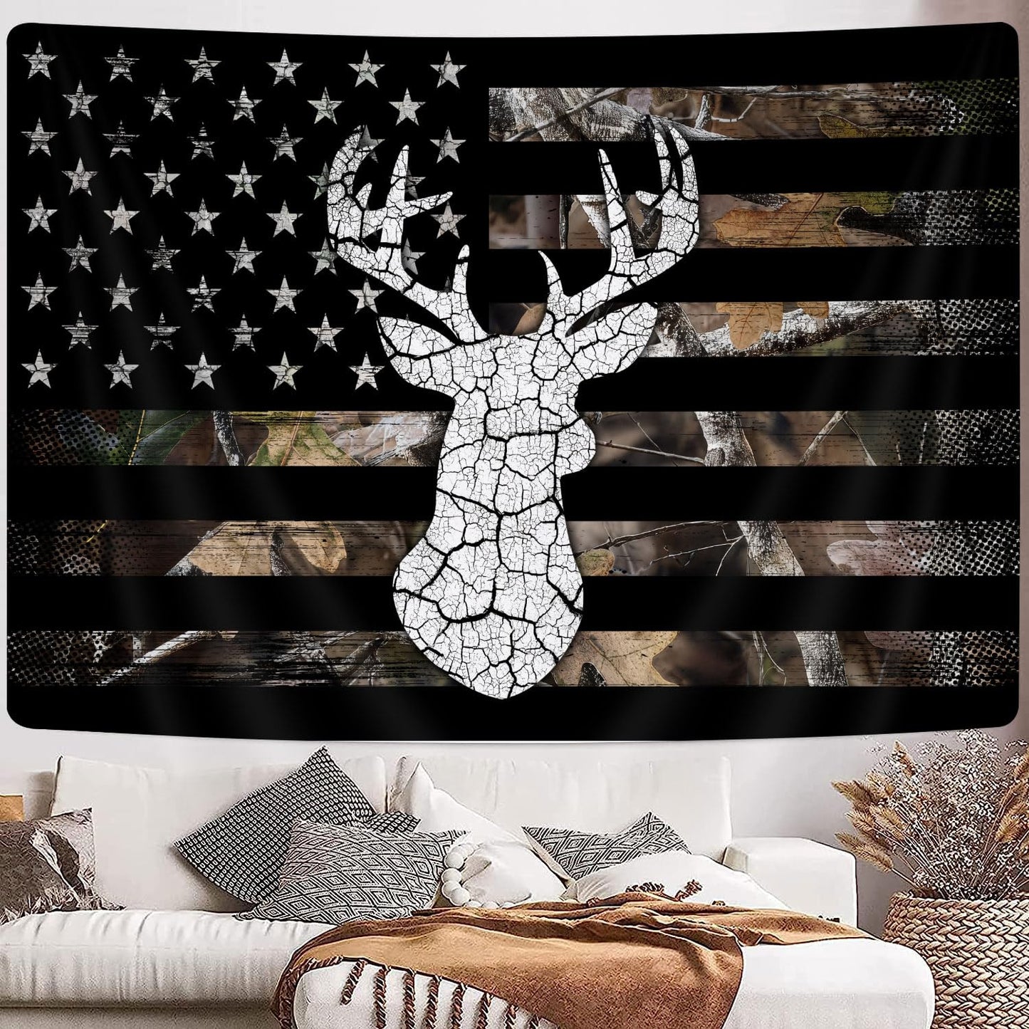 GOAOK Western Tapestry Black White American Flag, Country Deer Hunting Camo Tapestries for Men Guys Room Decor, Tapestry Wall Hanging Poster Blanket College Dorm Cool Indie Room 60"X40"