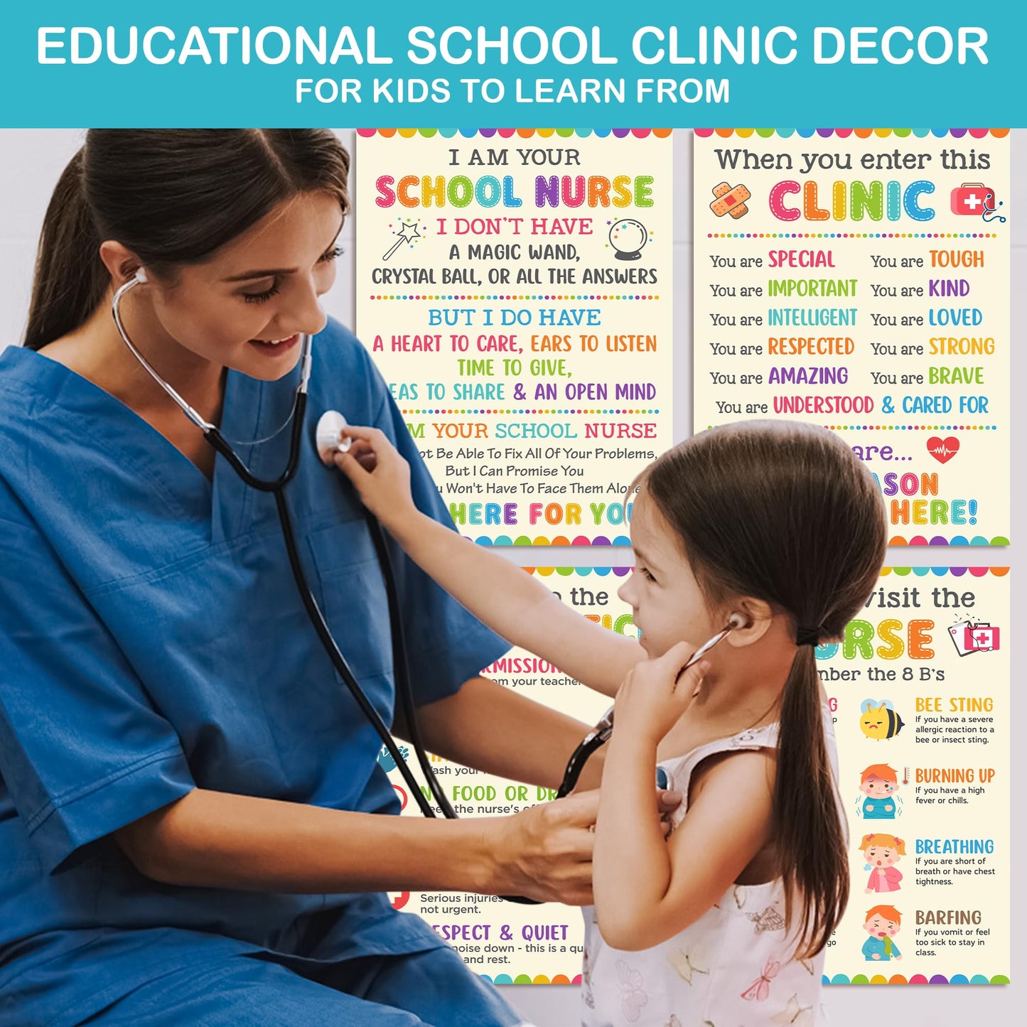 Lalunia 4 Pcs School Nurse Poster - 11"x16", When You Enter This Clinic, Health Office Posters for Office Bulletin Board Decorations, Education Back to School Nurses Supplies