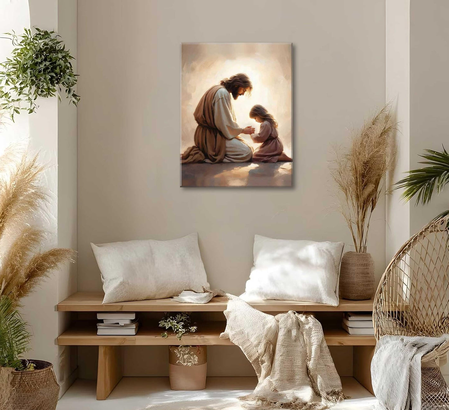 Jesus Praying with Girl Canvas Wall Art Christian Spiritual Posters Painting Religious Bible Story Prints Wall Decor Jesus Kid Pictures for Living Bedroom Room Church Home Decoration Framed