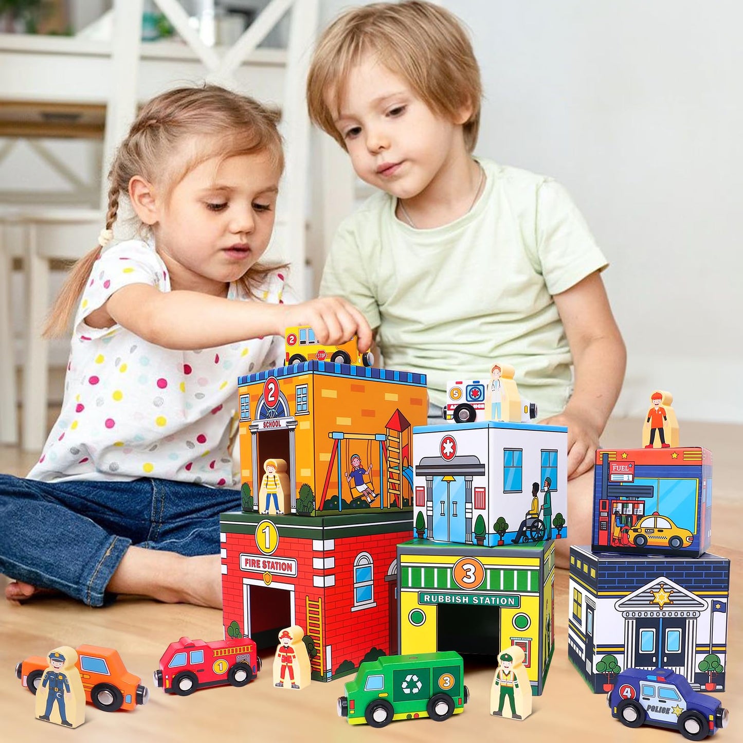 Atoylink Toddler Sorting and Stacking Toys with Magnetic Wooden Cars & Community Helpers, Baby Number Blocks Nesting Boxes Preschool Learning Montessori Toys for 1 2 3 Year Old Boys Girls Gift