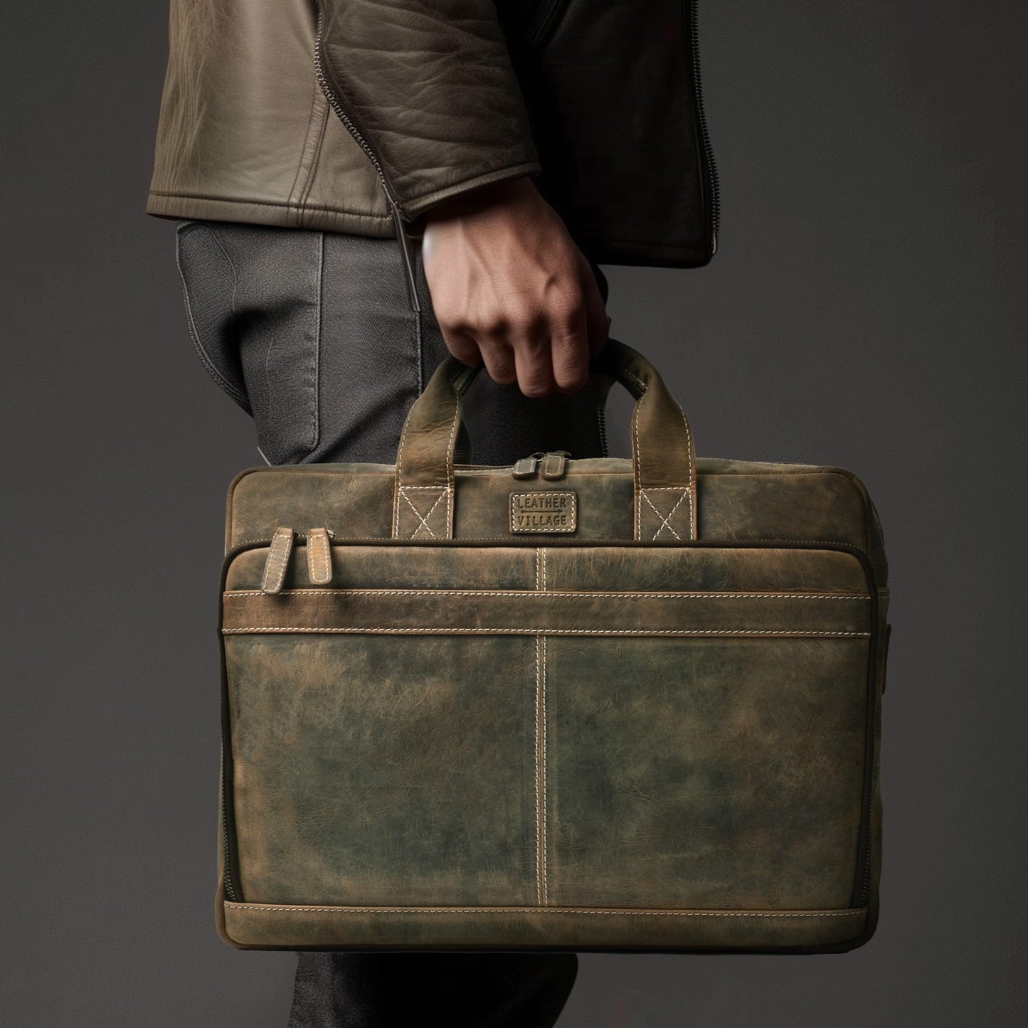 LEATHER VILLAGE 16" Leather Laptop Messenger Briefcase Bag for Men-Leather Satchel for Travel and Office Shoulder Bag- Rustic Brown