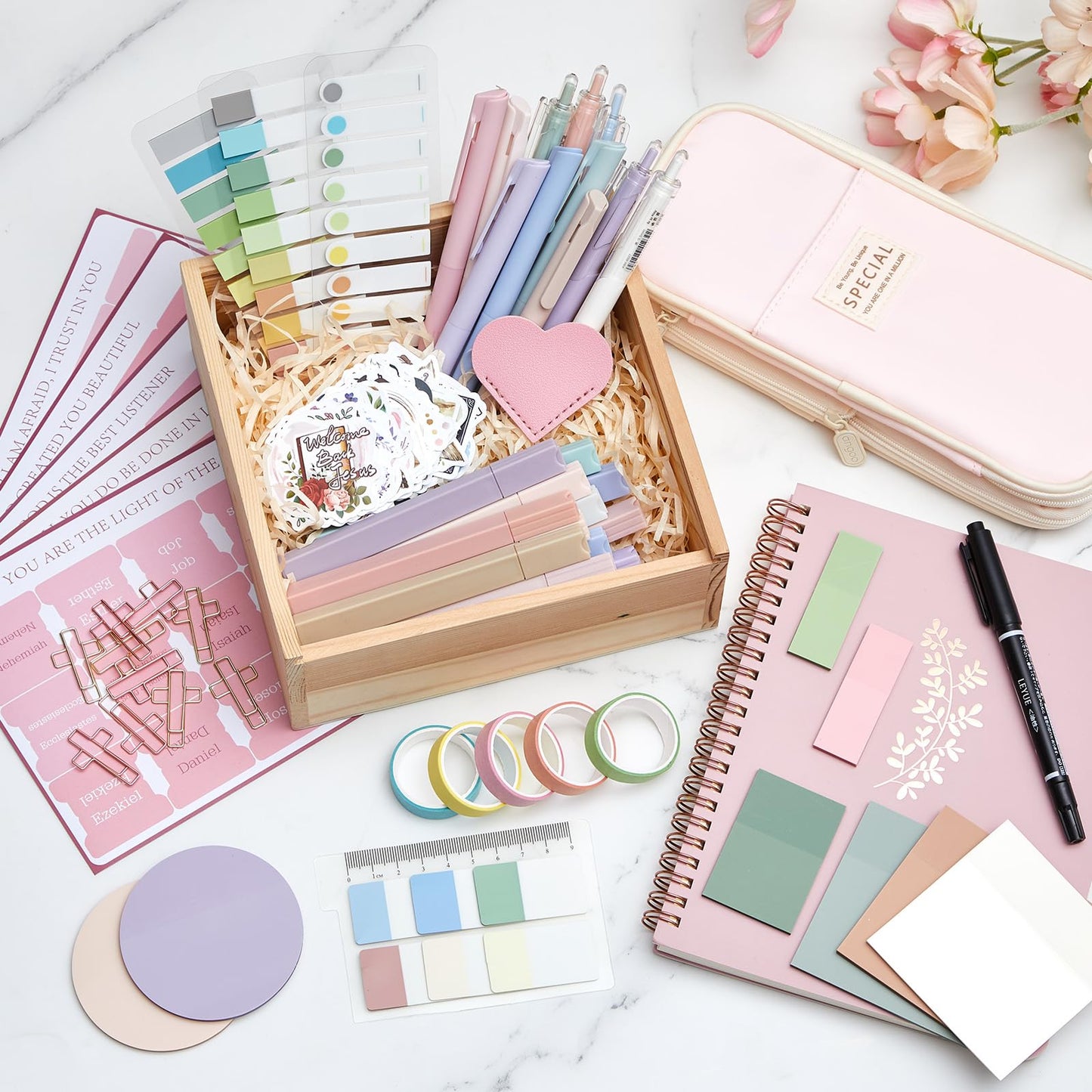 Jutom 110 Pcs Bible Study Supplies Bible Journaling Kit with Canvas Tote Bag Pen Case Notebook Highlighters Pen Sticky Note Tabs Page Markers Stickers Tape for Women Christian Christmas Gift(Pink)