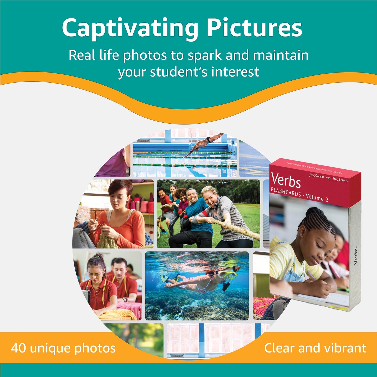 Picture My Picture Verbs Volume 2 Flash Card Set – Speech Therapy Tool for Vocabulary, Communication & Thinking, Scratch-Resistant with Activity Guide, Suitable for Education, ESL & ABA – Set of 40