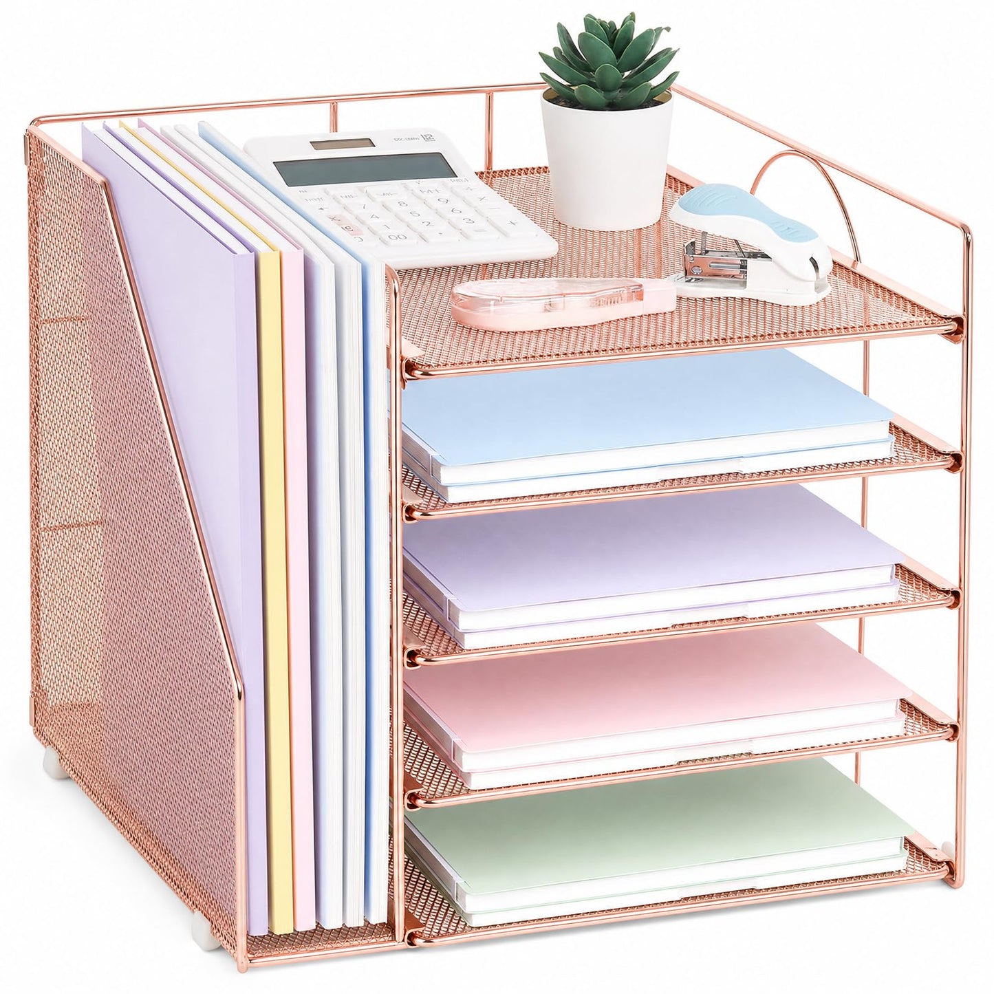 LEKETREE Desk Organizers and Accessories, 5-Tier Paper Letter Tray Organizer with File Holder, Desktop Organizer for Office Supplies (Rose Gold)