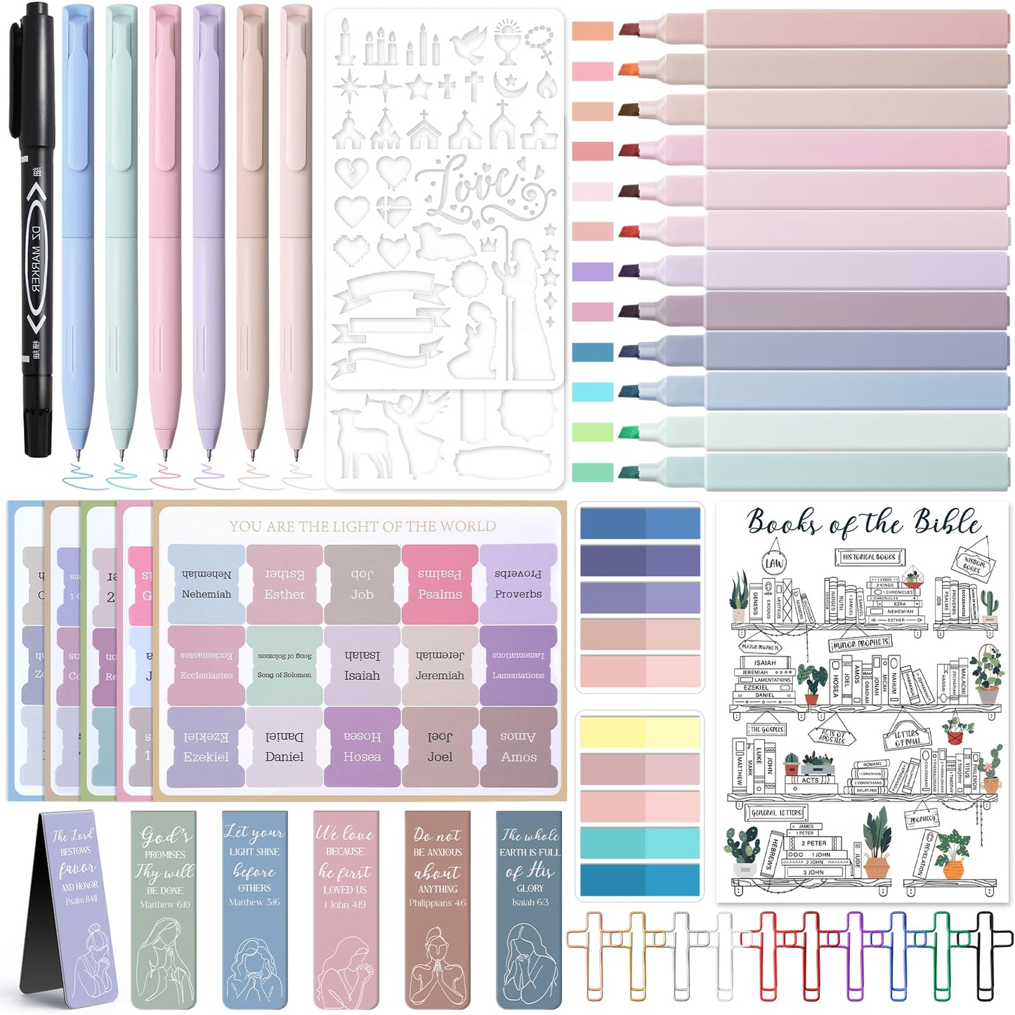 53 Pcs Bible Study Supplies, Bible Study Kit Journaling Supplies with 12 Bible Highlighters No Bleed and Tabs, 6 Pens, 6 Bookmarks, Books of the Bible Sticker and More, Christian Gifts for Women