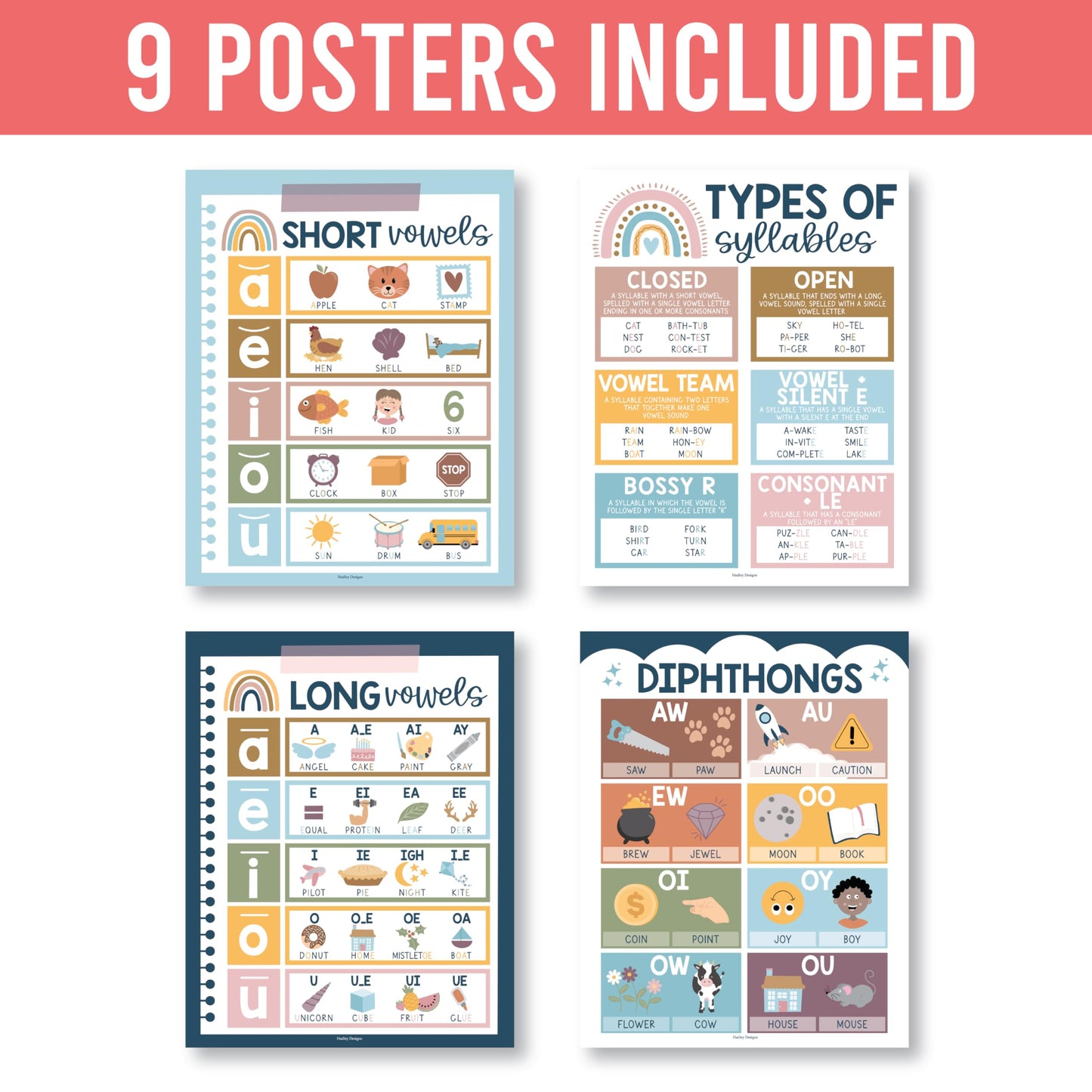 Hadley Designs Phonics Posters for Classroom Must Haves - 9 Sound Wall for Kindergarten & Elementary Teacher Supplies, Syllable, Vowels, Digraphs & Blends Bulletin Board Set, Boho Classrom Decor
