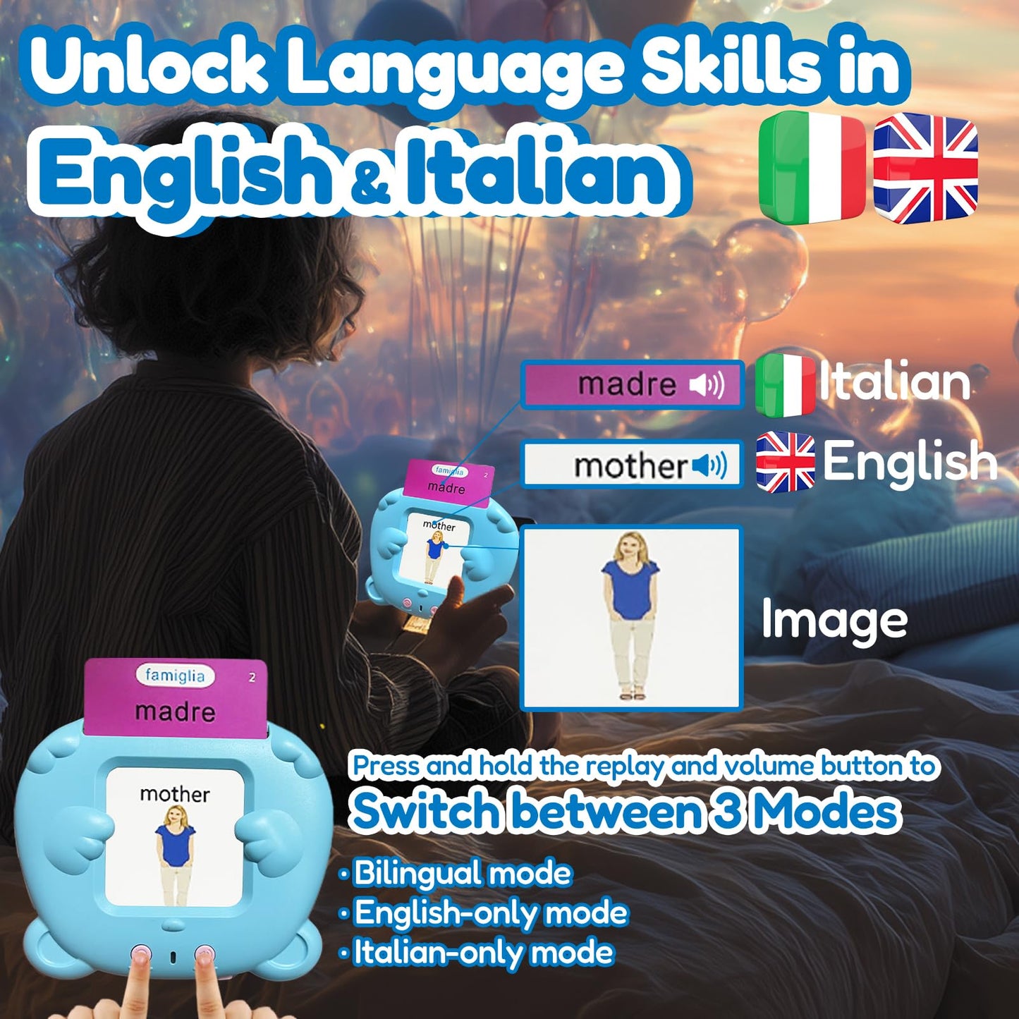 MoLingvora Bilingual Talking Flash Cards for Kids - Italiano Italian English Flashcards Children Adults, 510 Sight Words, ABC Alphabet, Pocket Speech for Toddlers, Audible Sensory Toys (Italian, Blue)
