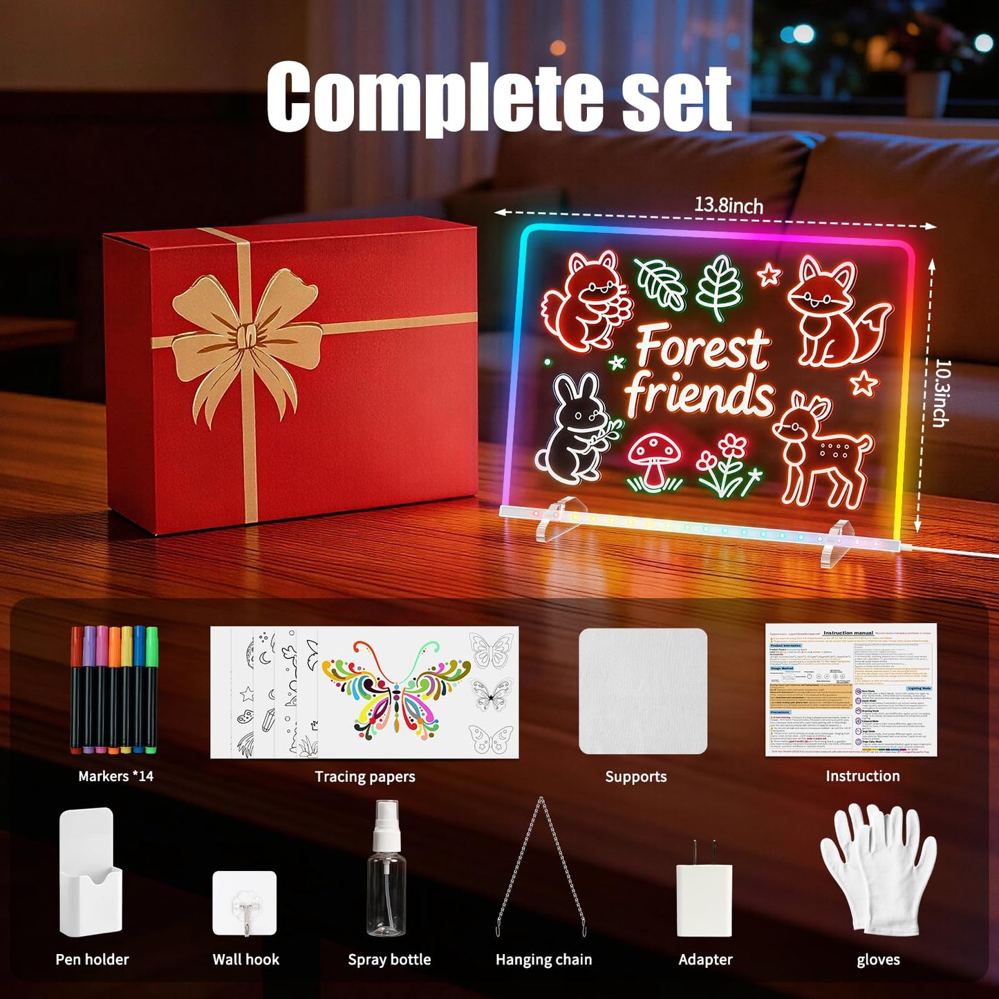 LED Note Board with 8 Colors 6 Modes -13.7"X10" Acrylic Dry Erase Board, Led Drawing Board Includes Adapter, 14 Markers, Tracing Paper, Sketching Gifts for Kids/Girls/Teens