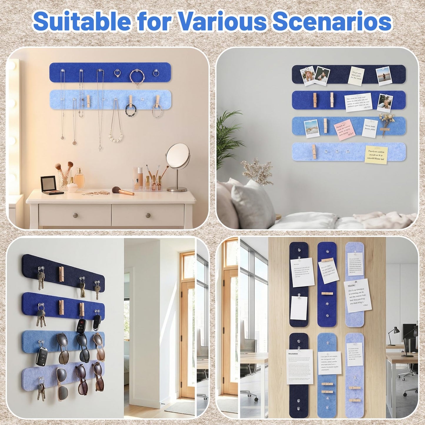 Thboxes 8 Pack Felt Bulletin Board Strips, 13x2 Inch Self Adhesive Felt Pin Boards with 50 Pushpins and 10 Wooden Clips Push Pins, Cork Board for Walls Home Office Decor(Serene Blue Mist)