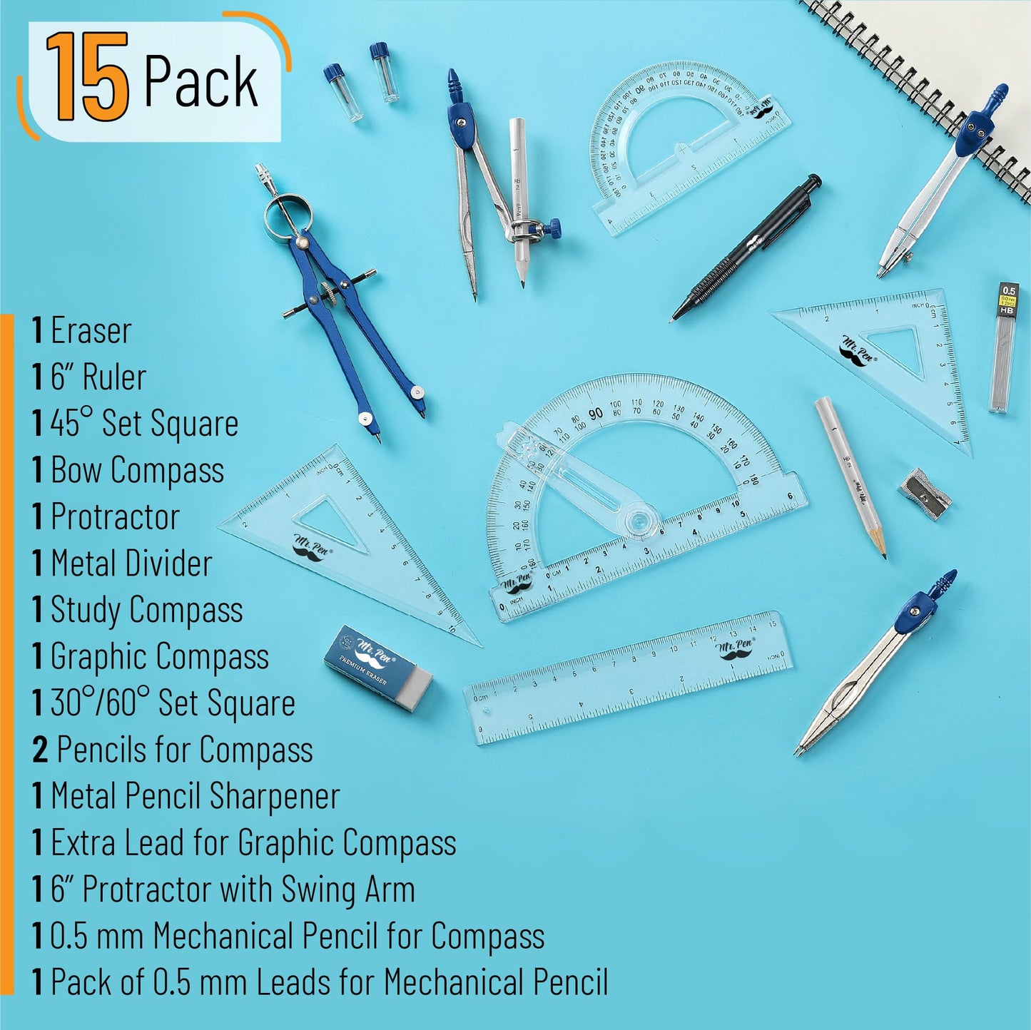 Mr. Pen- Geometry Set, 15 pcs, Navy Blue, 6 Inch Swing Arm Protractor, Divider, Set Squares, Ruler, Compasses and Protractor