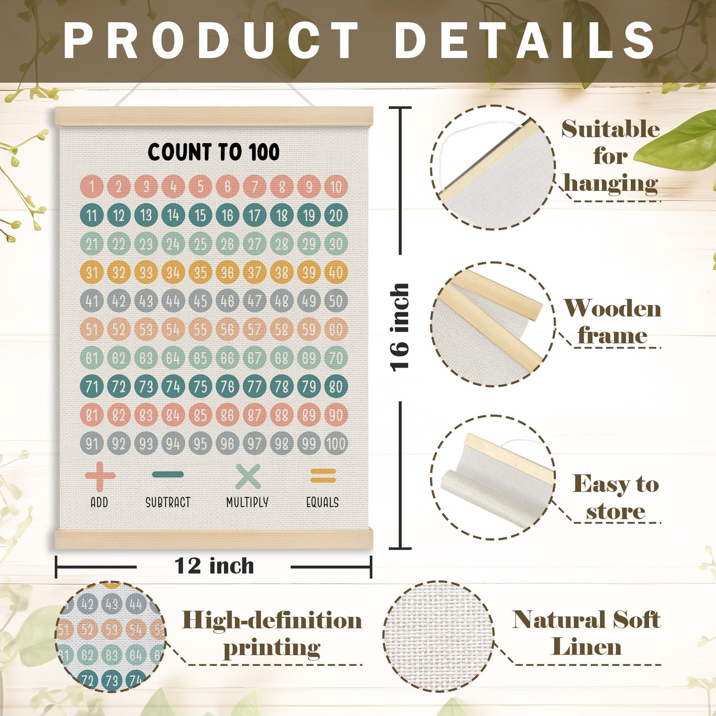 MOTERMATE Boho 1-100 Number Chart Wall Art Poster, Educational Toddler Learning Homeschool Canvas Poster Hanger Frame for Preschoolers, Hundreds 100 Chart Wall Hanging Decor for Kids Classroom,12x16In