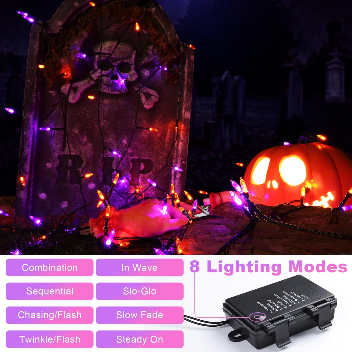 Lomotech Battery Operated Halloween Lights, 33ft, 100 LED, Orange & Purple, Waterproof, 8 Modes, Timer, Black Wire, 2 Pack
