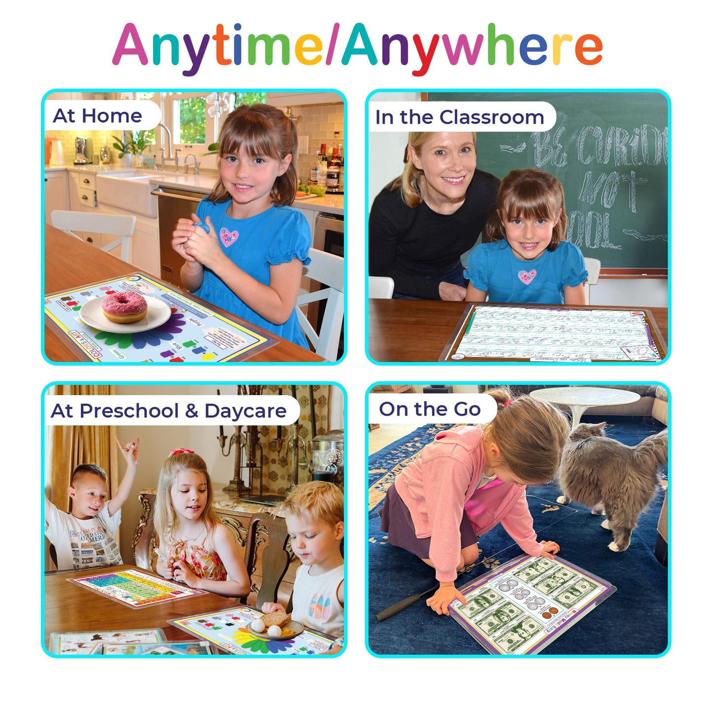 Tot Talk Early Learning Educational Placemat 4-Pack for Kids – Made in USA – Uppercase ABCs Alphabet, Lowercase ABCs, Numbers and Shapes – Durable, Double-Sided, Waterproof, Wipeable Learning Mats
