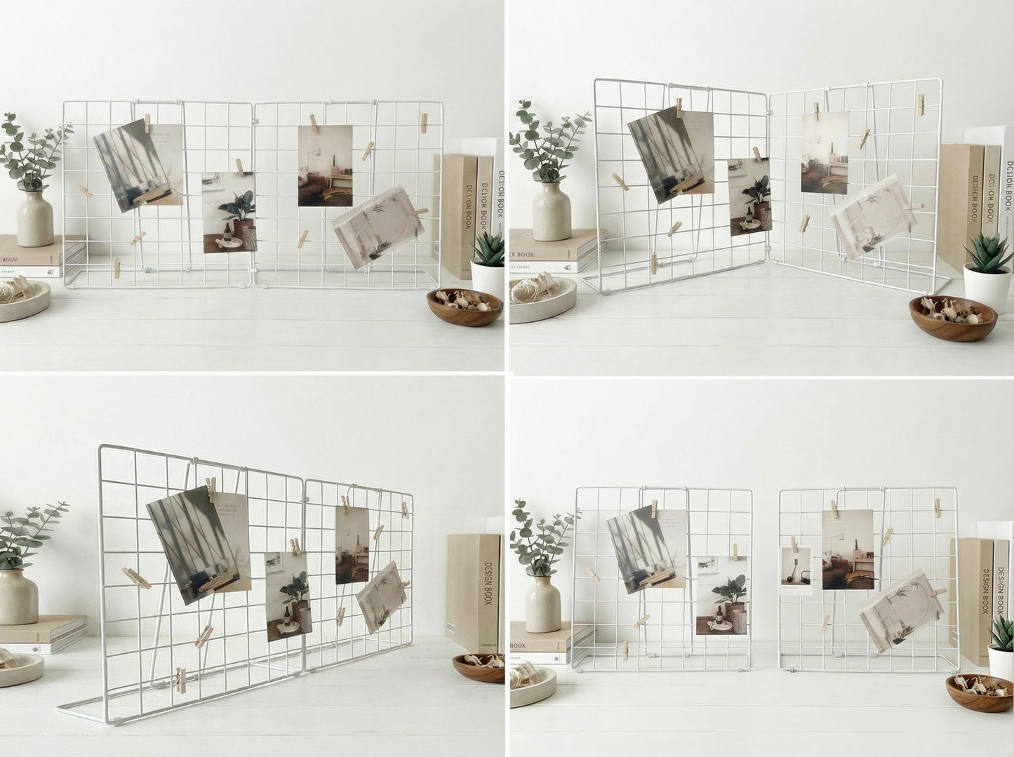 JAJAGOU Foldable Desktop Photo Display Rack & Grid Display Board with 20 Wooden Clips – Photo, Accessory & Handcraft Display Organizer for Home Office White