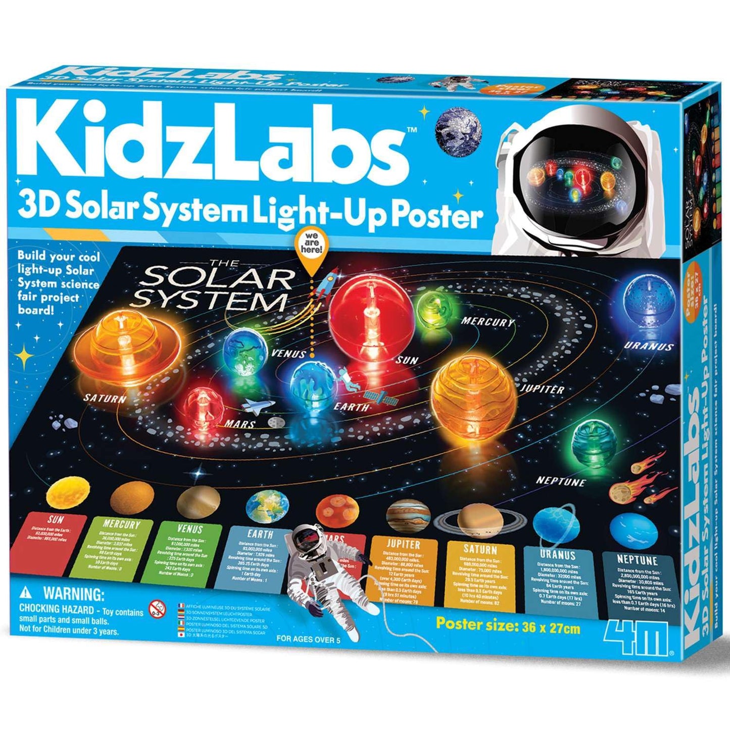 4M KidzLabs 3D Solar System Light-Up Poster for Kids Ages 5-12 – Glow in the Dark Space Science Fair Project Kit with Sun & 8 Planets, STEM Educational Toy, Battery Powered Illuminated Display Board