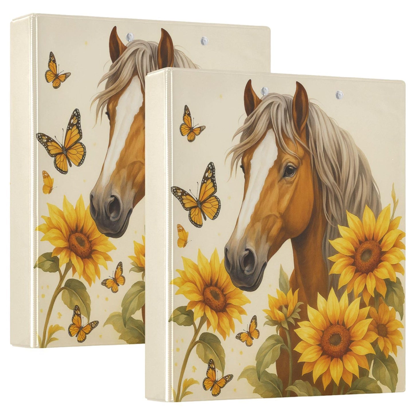 Horse Round Ring Binders 1.5 Inch Butterfly Sunflower 3 Ring Clipboard Binder for Office School Work Supplies File Folder Document 200 Sheet Capacity Easy Open