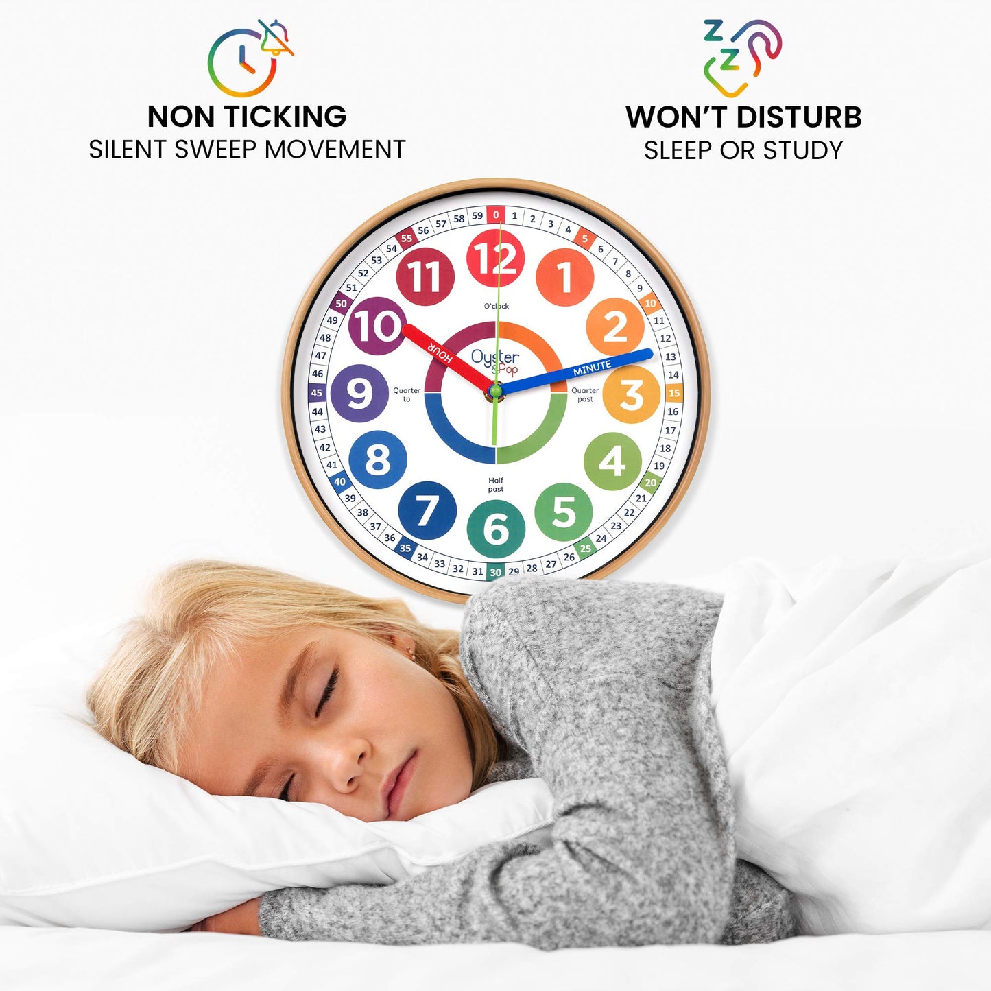 Oyster&Pop Kids Clock – Silent 10" Analog Learning Wall Clocks - Award-Winning Telling Time Teaching Clock for Kids - Bedrooms Homeschool & Classrooms - Includes eBook