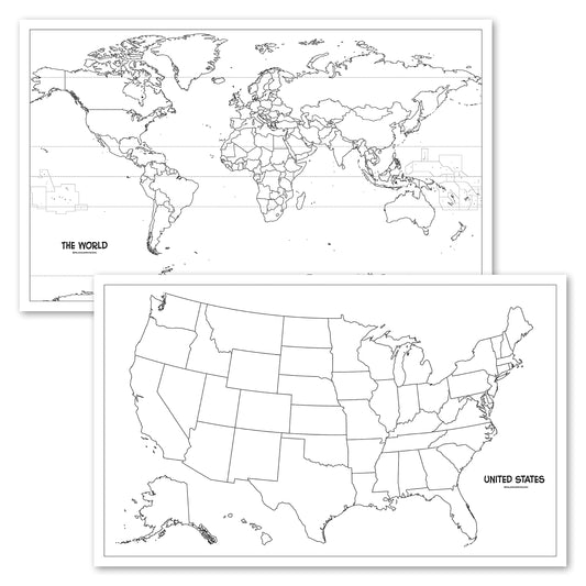 2 Pack - USA & World Map Blank Outline Posters - LAMINATED, 18" x 29" - (Wet Erase Markers Only)
