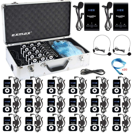 EXMAX Wireless Assistive Listening Equipment Translation System for Your Church ATG-100T 195MHz for Training Performing Arts Field Trip(2 Transmitters & 18 Receivers + Aluminium Alloy Charge Case)