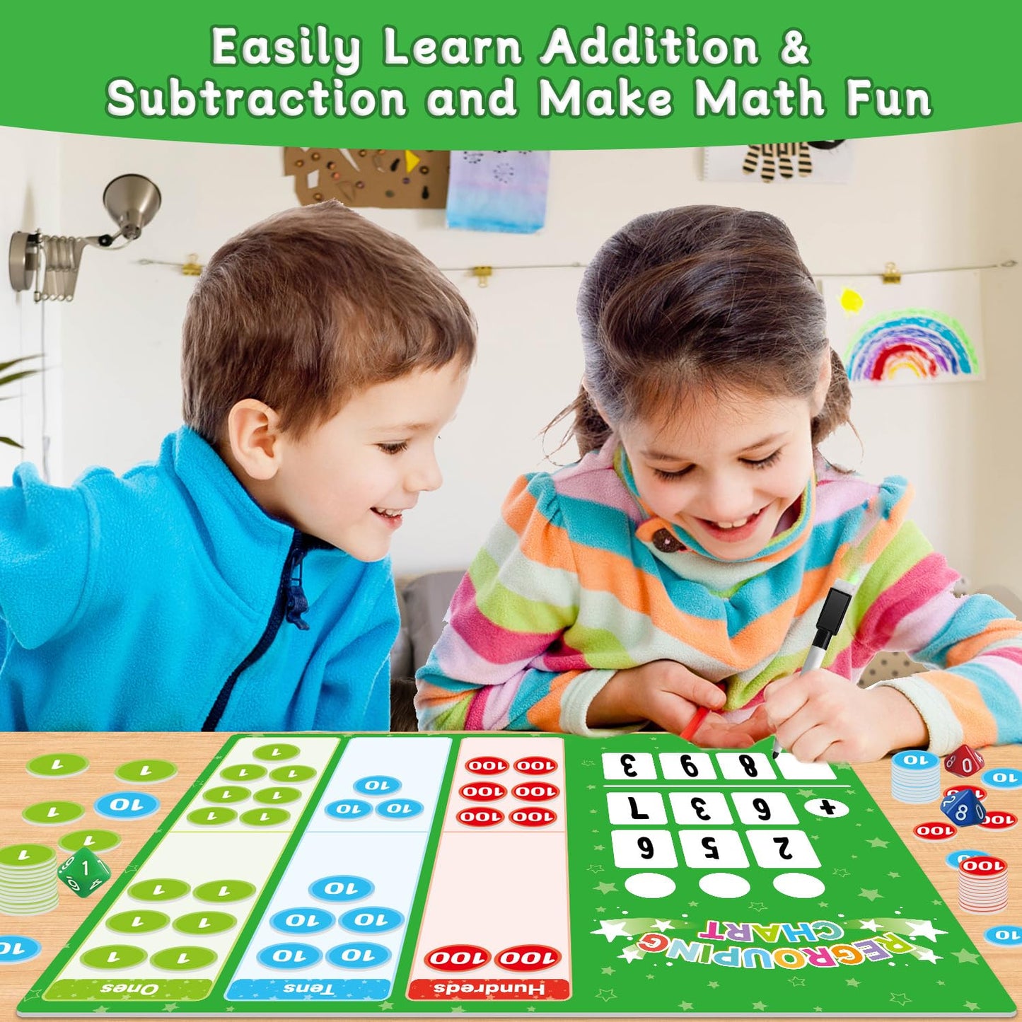 Magnetic Regrouping Math Base Ten Place Value, 2026 New Upgraded Addition & Subtraction Math Manipulatives Dry Erase Whiteboard for Kids 1st 2nd 3rd Grade, Math Games Homeschool Classroom Must Haves