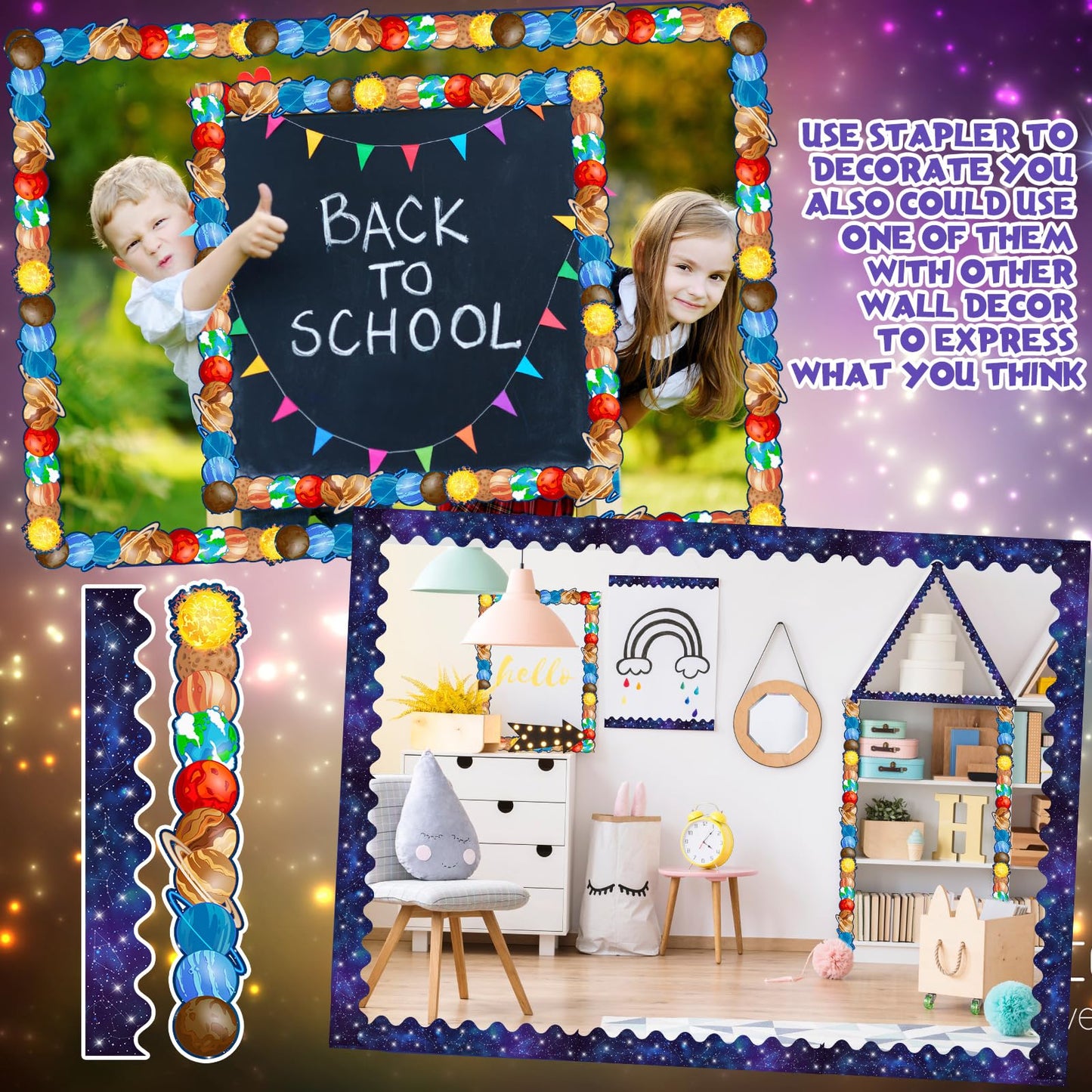 Trandraft 2 Rolls 65.6ft Space Bulletin Board Decorations Solar System Bulletin Board Borders Strips Space Classroom Decor Galaxy Back to School Trim Borders for Home Office