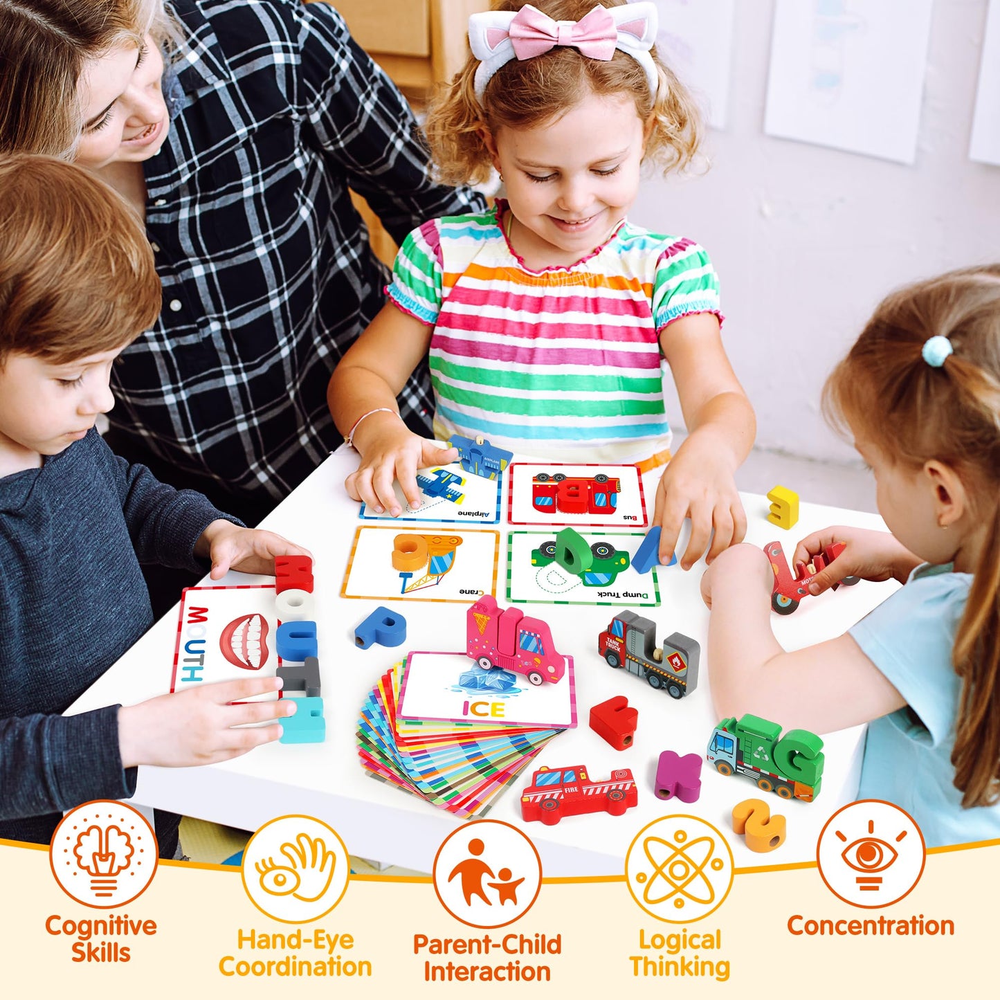 Vanmor Wooden Vehicle Alphabet Puzzle for Toddlers, Traffic ABC Letter Sight Words Matching Game with 52 Blocks and Flash Cards, Spelling Game Toys, Kindergarten Preschool Learning Activities