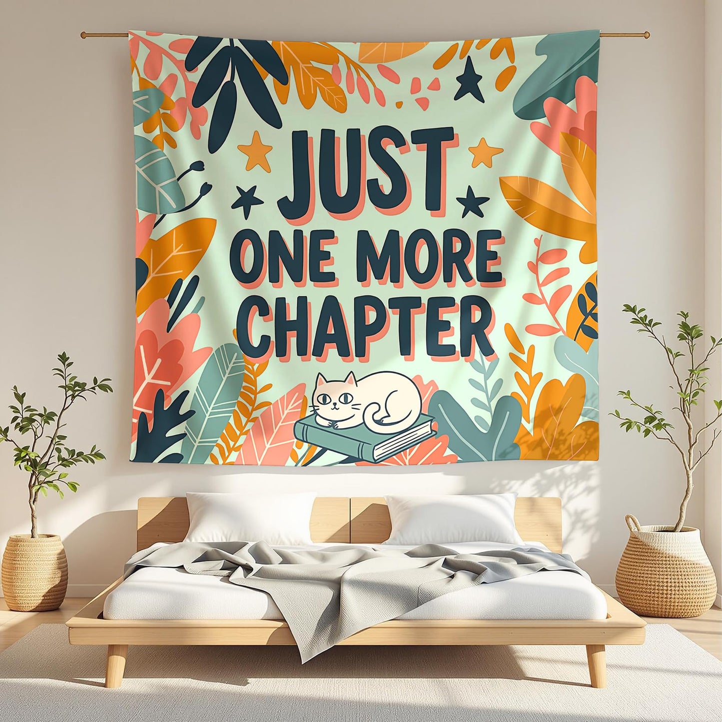 Elmsfell Just One More Chapter Tapestry - Cute Cat Reading Book Wall Art, Cozy Library Reading Nook Aesthetic, Classroom Teacher Decor (50x60)