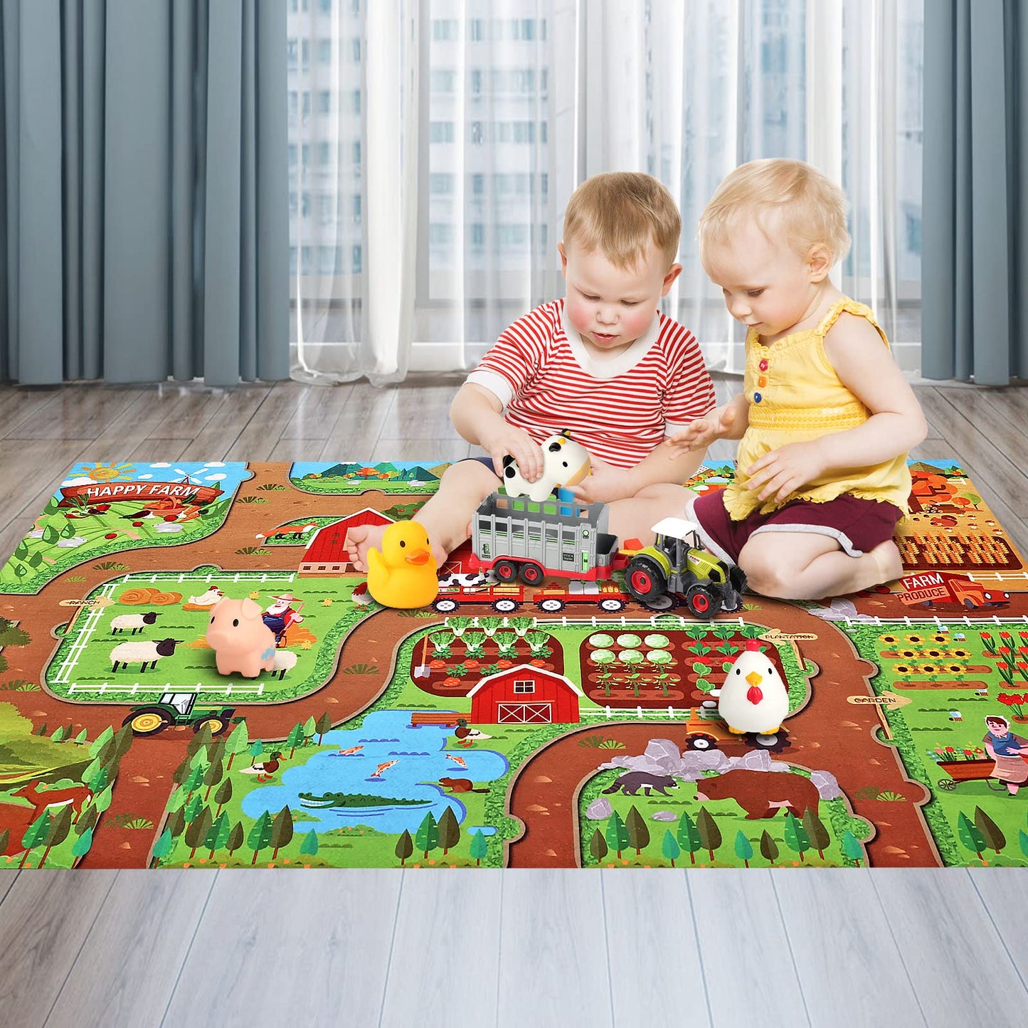 Oriate Farm Tractor Carrier with Cartoon Farm Animals and Playmat, 6 Pack Bath Squirter Silicone Rubber Farm Animal Toys, 47.2” x 31.5” Happy Farm Play mat, Birthday Gifts for Kids