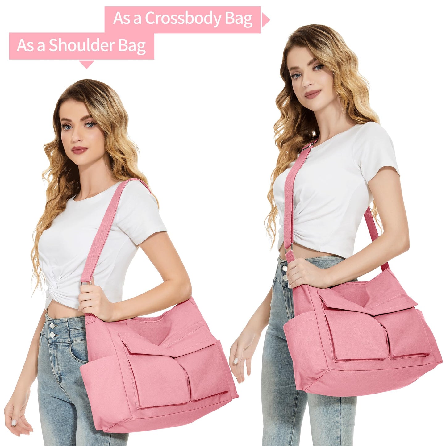 Canvas Messenger Bag for Women Men, Large Crossbody Bag for College Work Travel Daily, Pink