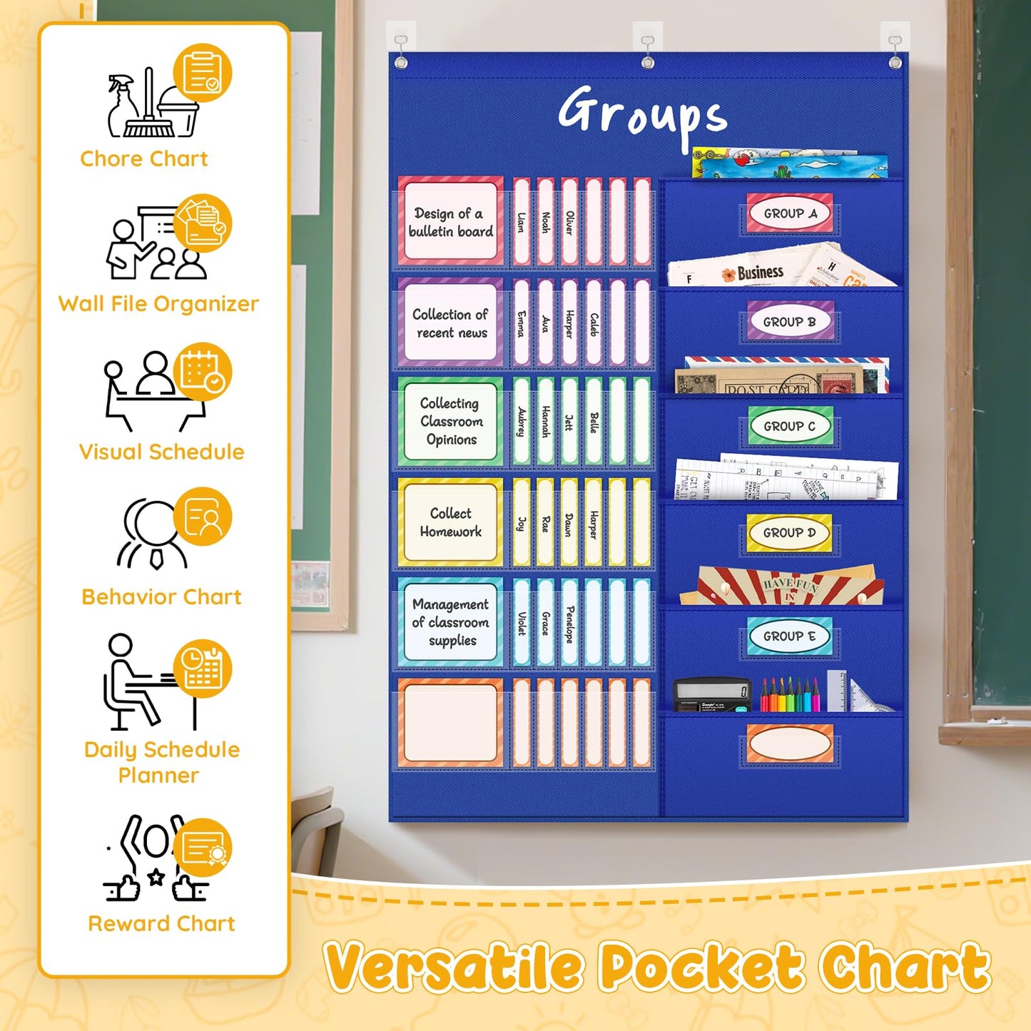 AKAYOK Small Group Pocket Chart with 84 Colorful Dry Erase Cards, Classroom Jobs Chart with 6 Pocket Wall Hanging File Folder, Pocket Chart for Classroom,Office,Home, Small Group Classroom Must Haves