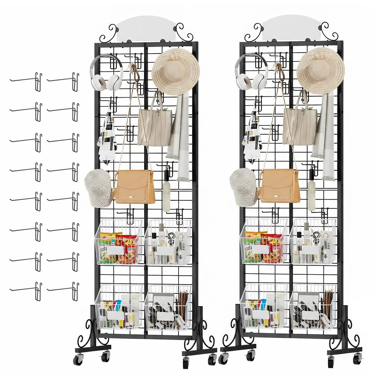 Urban Deco 2 Packs Grid Wall Panel Display Stand, 2.2' x 6.2' FT Gridwall Panel with Extra 16 Hooks, Craft Show Display Rack Black Metal Grids Standing Wire Rack for Retail Merchandise