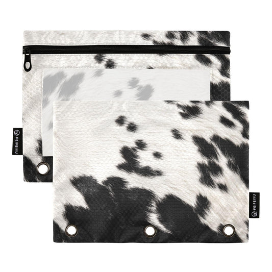 Coikll Cow Skin Print Pencil Pouch Fits Standard 3-Ring Binders, Zipper Binder Pencil Bag with Clear Window for Class Office 2 Pack