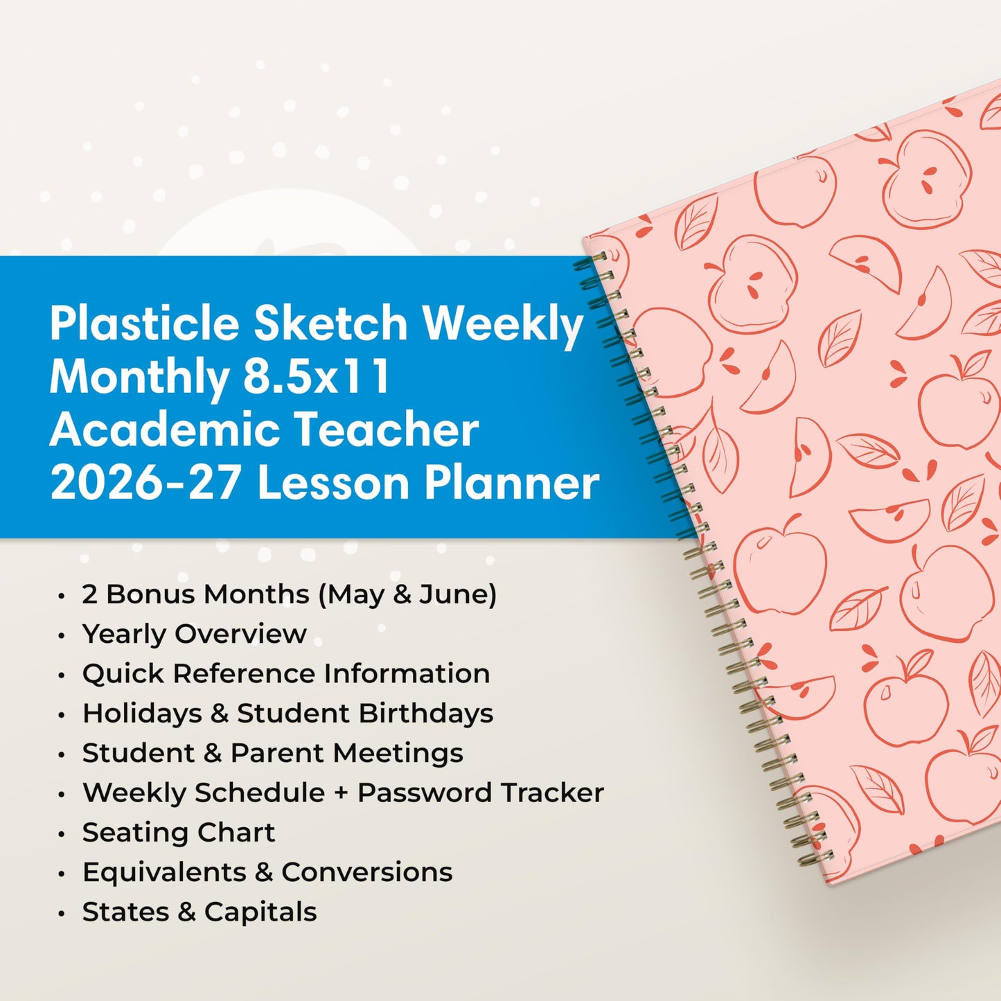 Blue Sky 2026-2027 Weekly and Monthly Academic Year Teacher Lesson Planner Calendar, July 2026 - June 2027, 8.5" x 11", Flexible Cover, Wirebound, Laminated Tabs, Storage Pocket, Apple Sketch