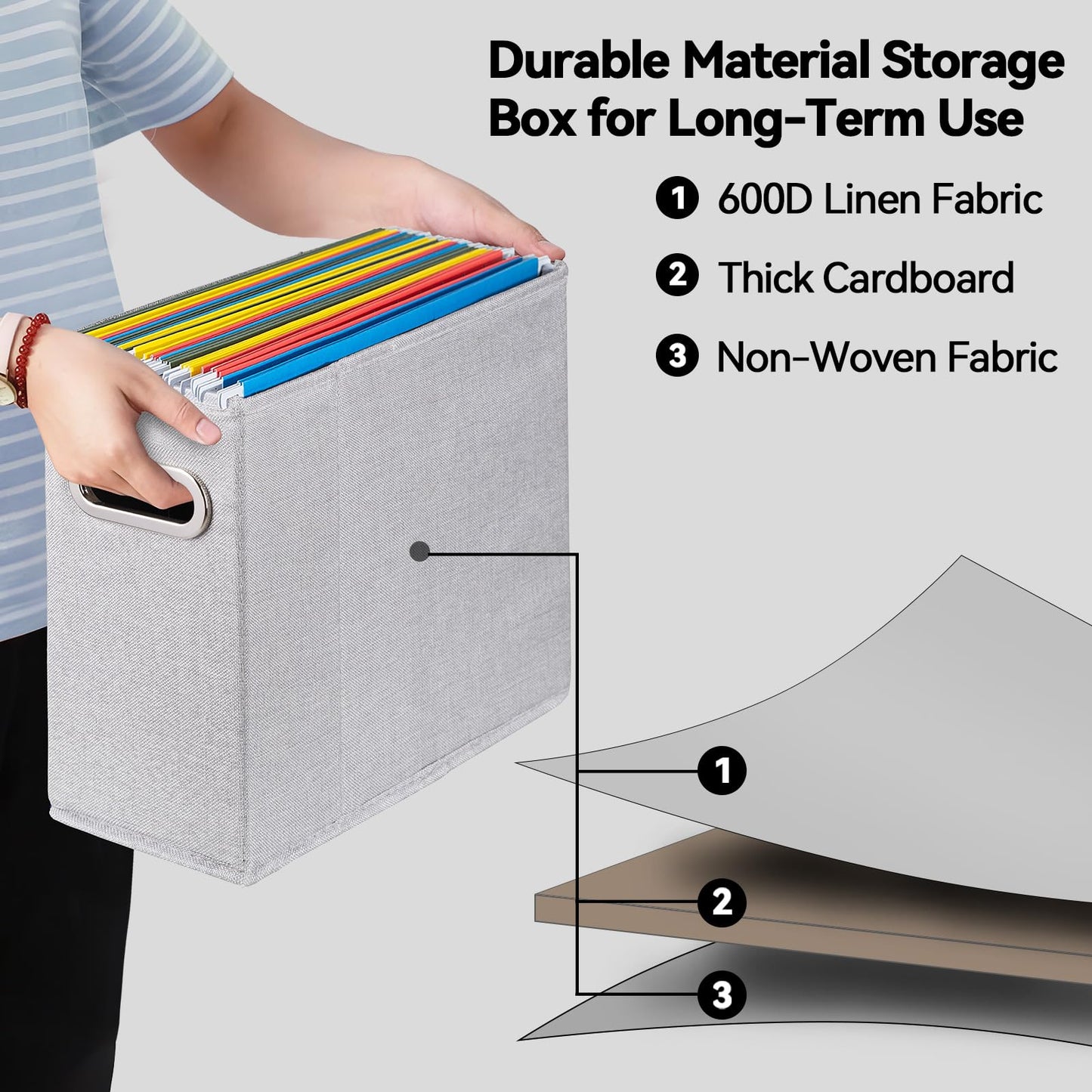 ComfortKeeper 4 Packs Letter Size File Organizer, File Folders Organizer, Fabric Storage Box, Collapsible Paper Organizer with Metal Handle, Smooth PVC Rails, Only Box (Light Gray)
