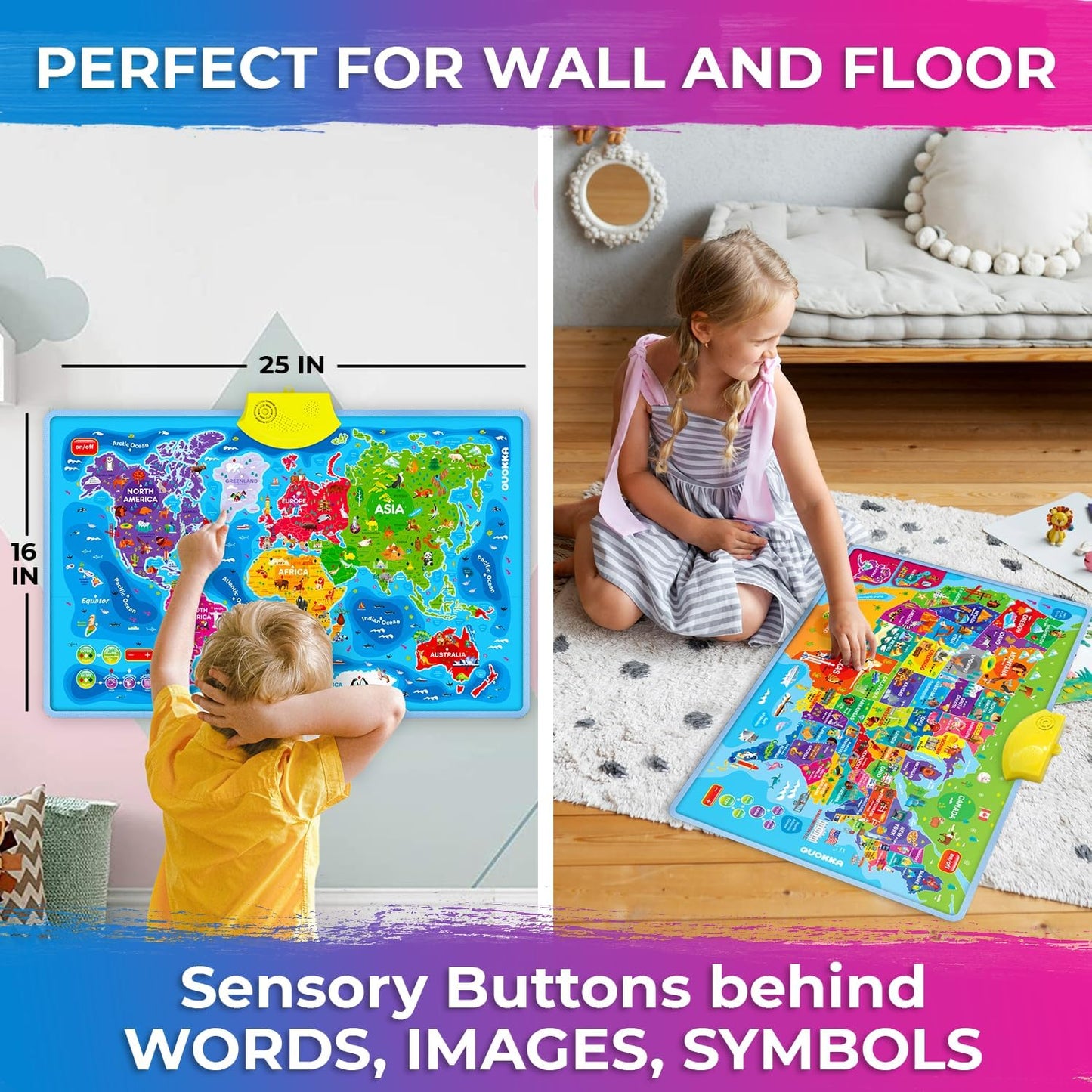 QUOKKA Educational Toys for Kids 5-7 Year Old - USA World Maps Puzzle Learning Wall Chart for Toddlers Age 3 4 6+ - Interactive Speech Therapy Poster Boy Girl - Autism Geography Puzzle Game 8-10-12