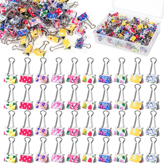 Humyoun 150 Pcs Cute Binder Clips with Box 0.98inch Colorful Office Clips Medium Floral Printing Clamps Decorative Binder for Paper Teachers Students School Office Business Paperwork Supplies