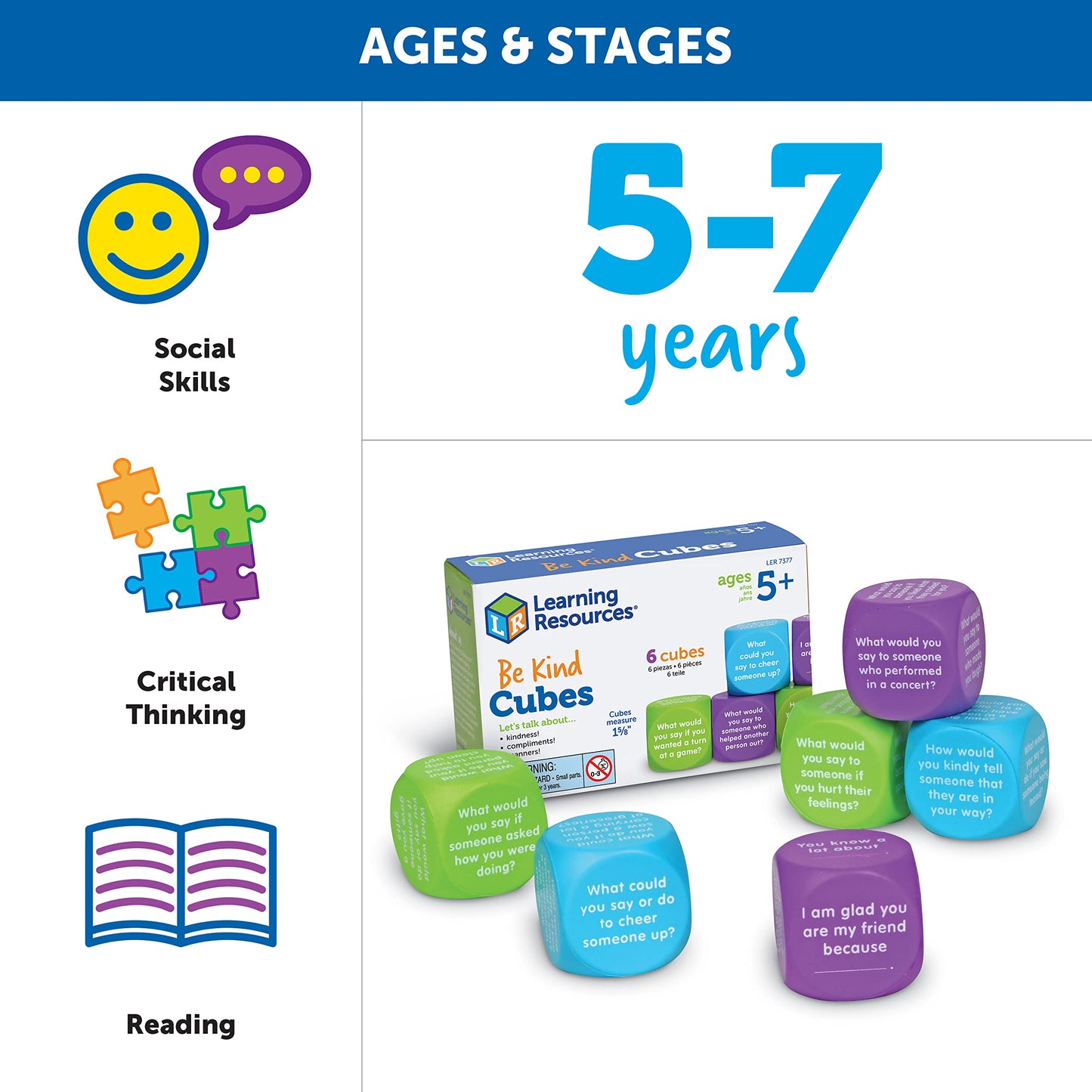 Learning Resources Be Kind Cubes, 6 pieces, Ages 5+ Social Emotional Learning Toys, Speech Therapists Materials, Emotional Intelligence Toys