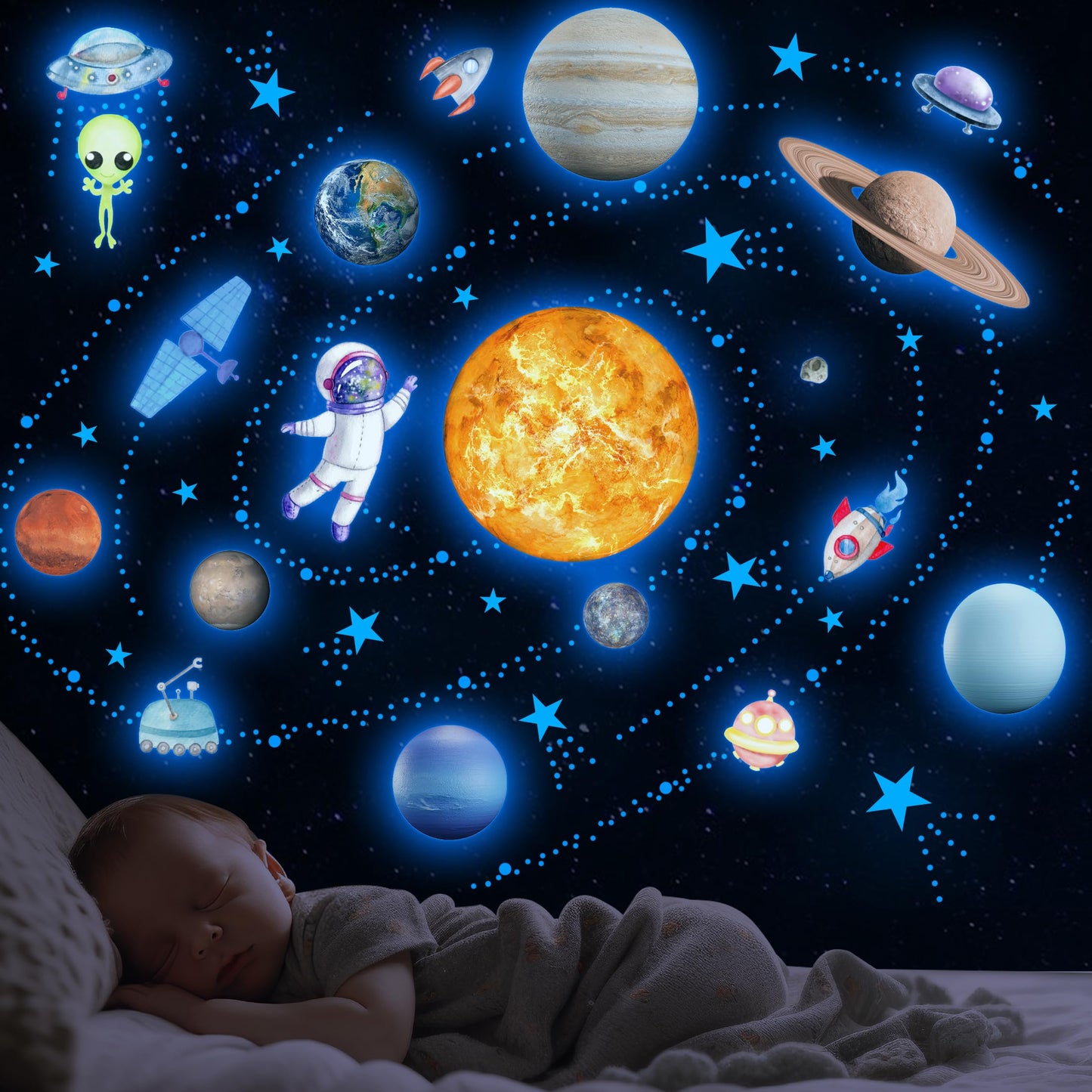 Glow in The Dark Stars Solar System Wall Decals, Star and Planets Stickers for Ceiling, Wall Sticker Decor for Kids Boys Room (Blue)