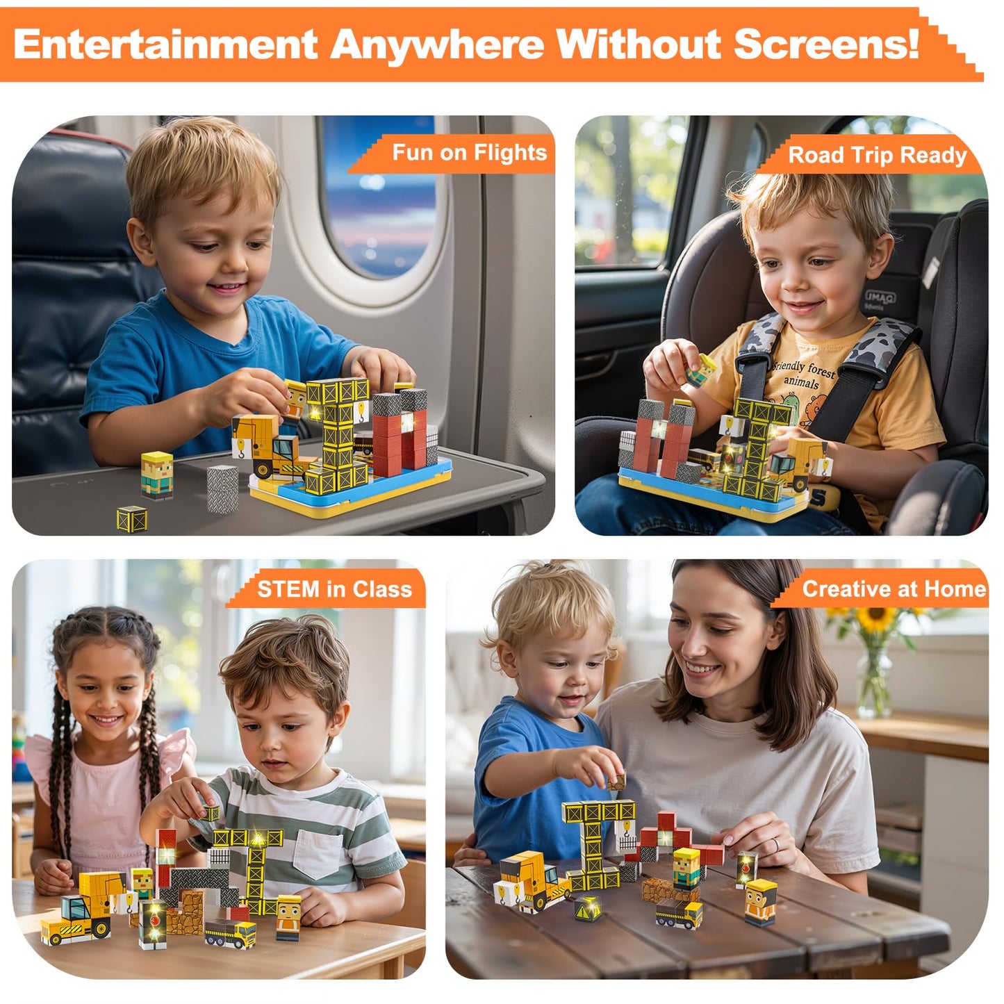 Aywewii Travel Magnetic Blocks 45 PCS Travel Toys for Kids Ages 3-5, Magnet Building Cubes STEM Learning Set with Iron Case - Portable Building Toys for Boys and Girls (Construction Edition 1)