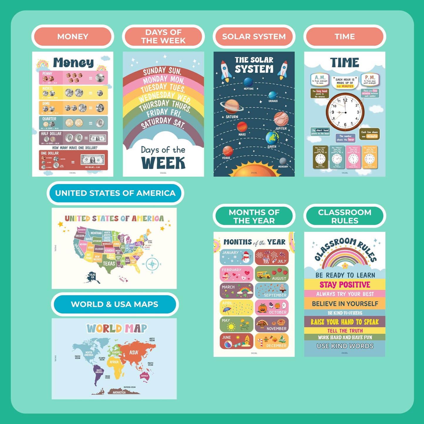 EXCOOL CLUB 16 Laminated Boho Educational Posters For Toddlers - Toddler Learning Posters For Kids, Homeschool Kindergarten Classroom Must Haves, Abc Number Chart Prek Classroom Decor