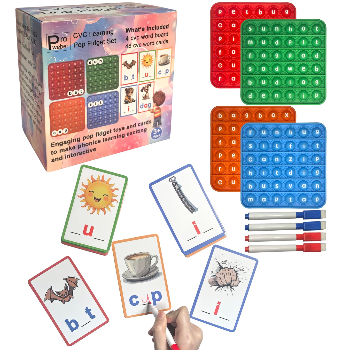 CVC Learning Pop Fidget Set with Flash Cards - Educational Spelling and Reading Game for Preschool and Kindergarten, Includes Colorful Erasable Pens and Fidget Boards