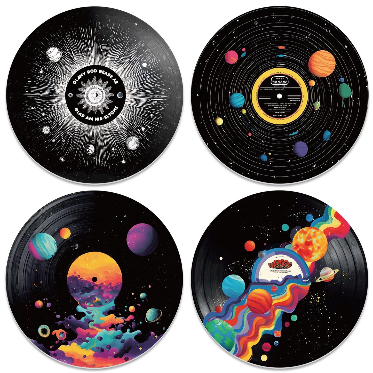 DOODLREAM 4PCS Universe Planet Vinyl Record Wall Decor 12" Hippy Universe Wall Art Posters for Room Aesthetic, Solar System Retro Record Decor for Music Party Studio Living Room DIY Craft Project
