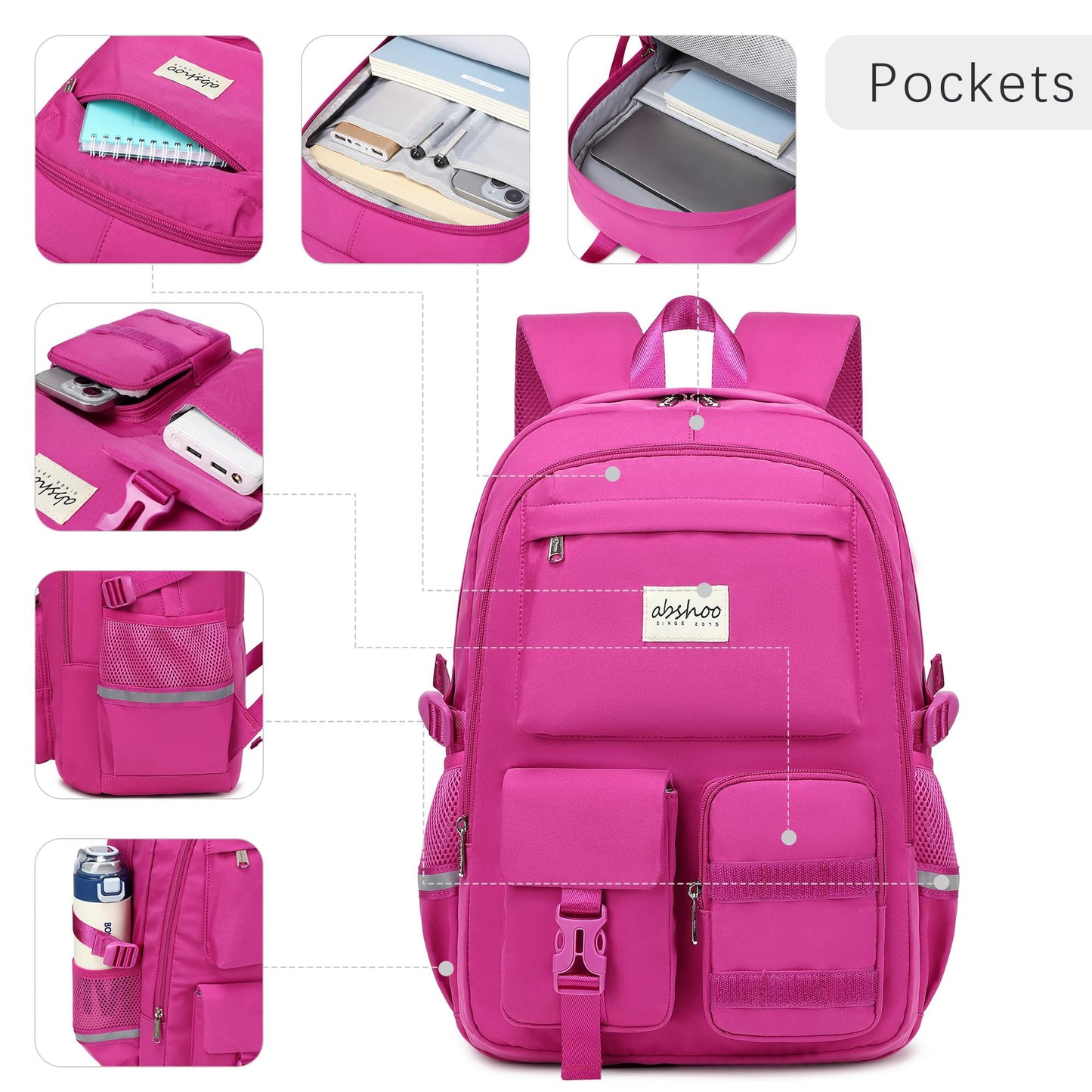 abshoo School Backpack for Girls Bookbag with Lunch Bag Teen Girls School Bag Travel Daypack (Hot Pink)
