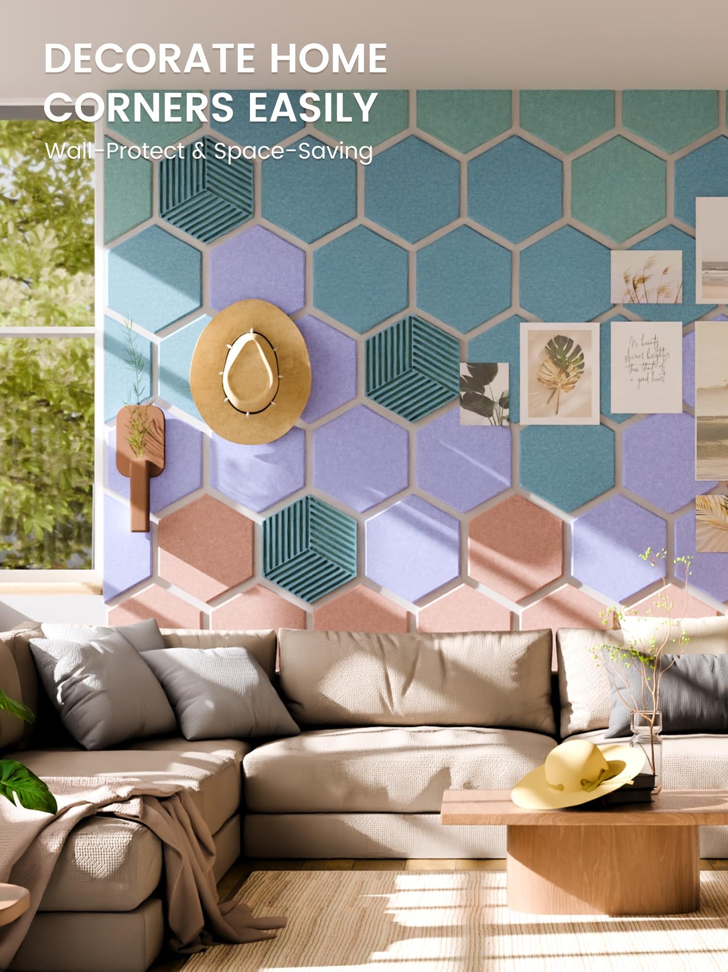Fluxynara Hexagon Cork Board Alternative for Walls Decor-10-Pack Felt Bulletin Board Tiles,with 30 Pushpins,50 Adhesive Tabs for Office,Classrooms & Home Pin Board Felt Board-Coastal Haze