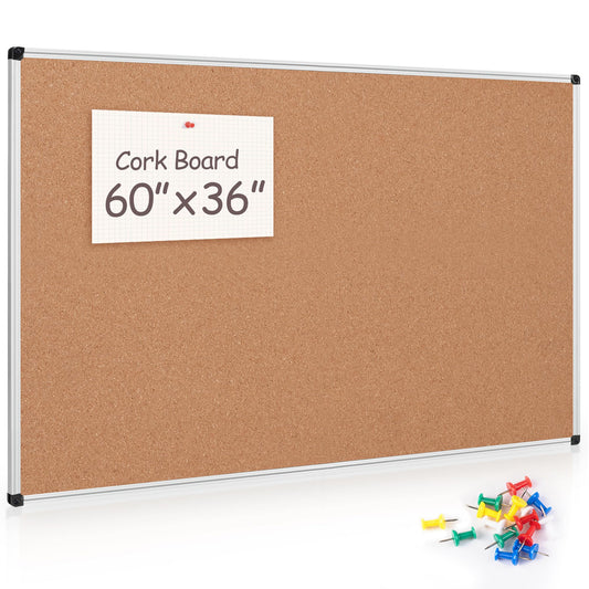 Board2by Large Cork Bulletin Board 60" X 36", Silver Aluminum Framed Corkboard for Wall, Wall Mounted Notice Pin Board with Push Pins for School, Home & Office - 5' x3' Corkboard