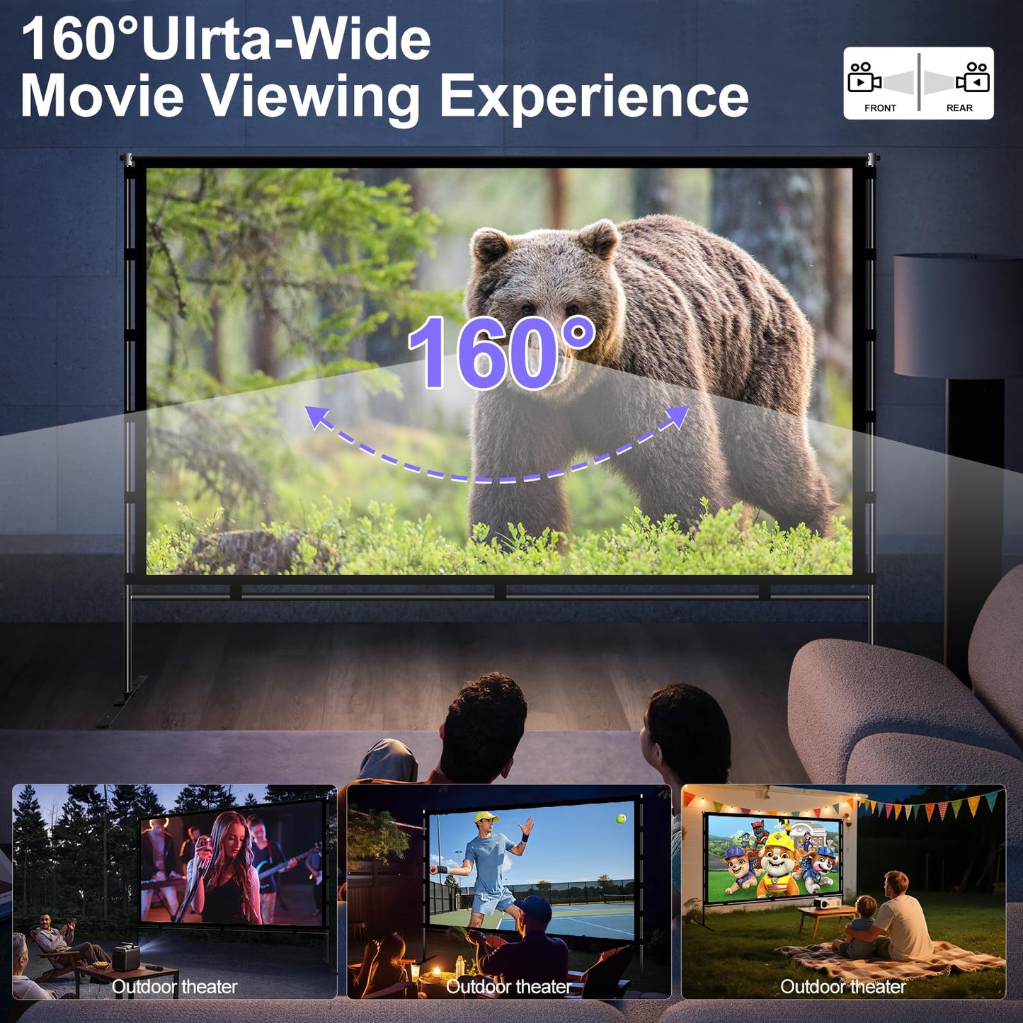 Shirtal Projector Screen with Stand,Portable 120 Inch Indoor Outdoor Projector Screen,16:9 4K HD Anti-Crease Movie Screen with Carry Bag for Home Backyard,Theater,Camping