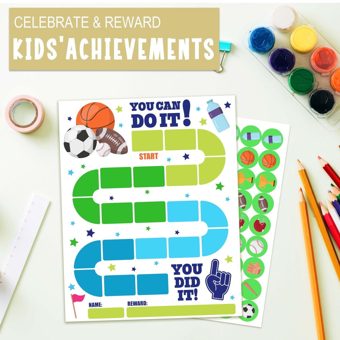 20 Sports Reward Chart with 432 Round Stickers, Incentive Behavior Chart for Kids at Home Classroom, Kids Routine Daily Chore Sticker Chart-B14