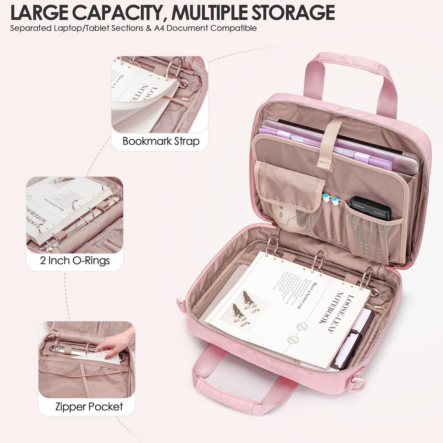 Prokva 3 Ring Zipper Binder, 2 Inch Ring Binder Organizer Bag with Shoulder Strap Fits 13 Inch Laptop and 500 Sheets, Pink (Empty Bag Only)
