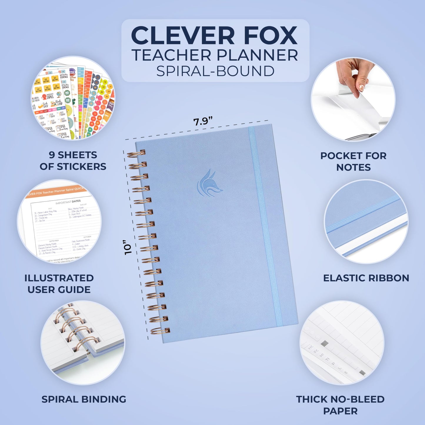 Clever Fox Teacher Planner Spiral – School Year Planner with Calendars & Lesson Plans – Teacher Plan Book for Classroom & Homeschool Organization - Undated, 7.9x10″ (Periwinkle)