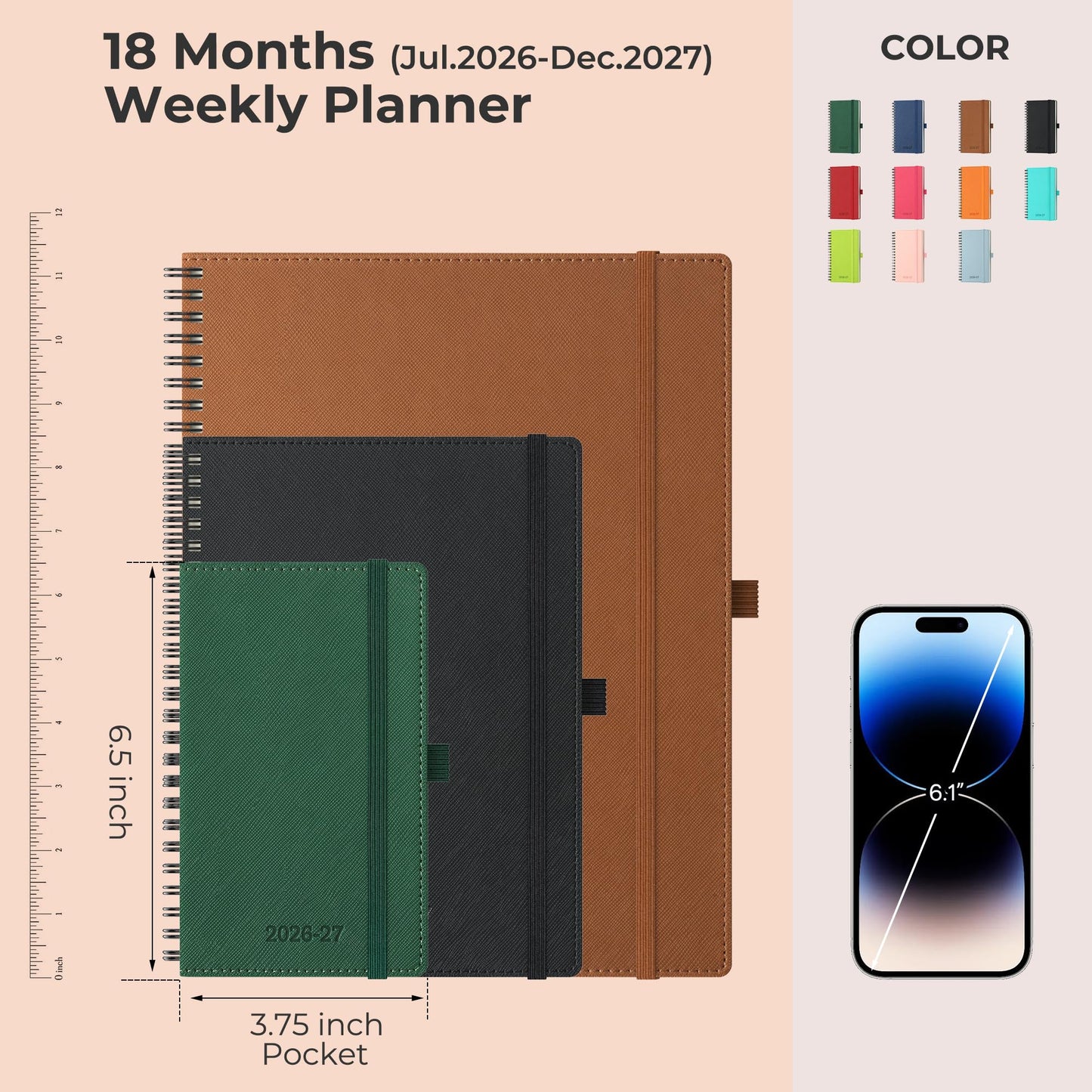 IN-LUXPRO Planner 2026-2027 Daily Weekly and Monthly,6.5"x3.75",18 Months Spiral Bound Calendar Agenda with Self-adhesive Pen Holder,2026 Academic Plan with Vegan Leather Soft Cover,Brown